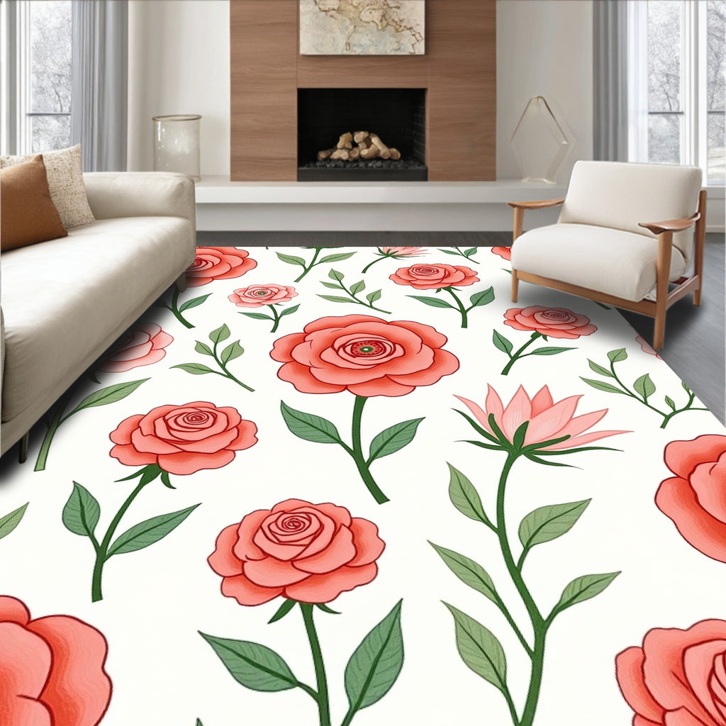 Delicate Coral Rose Floral Pattern Rug