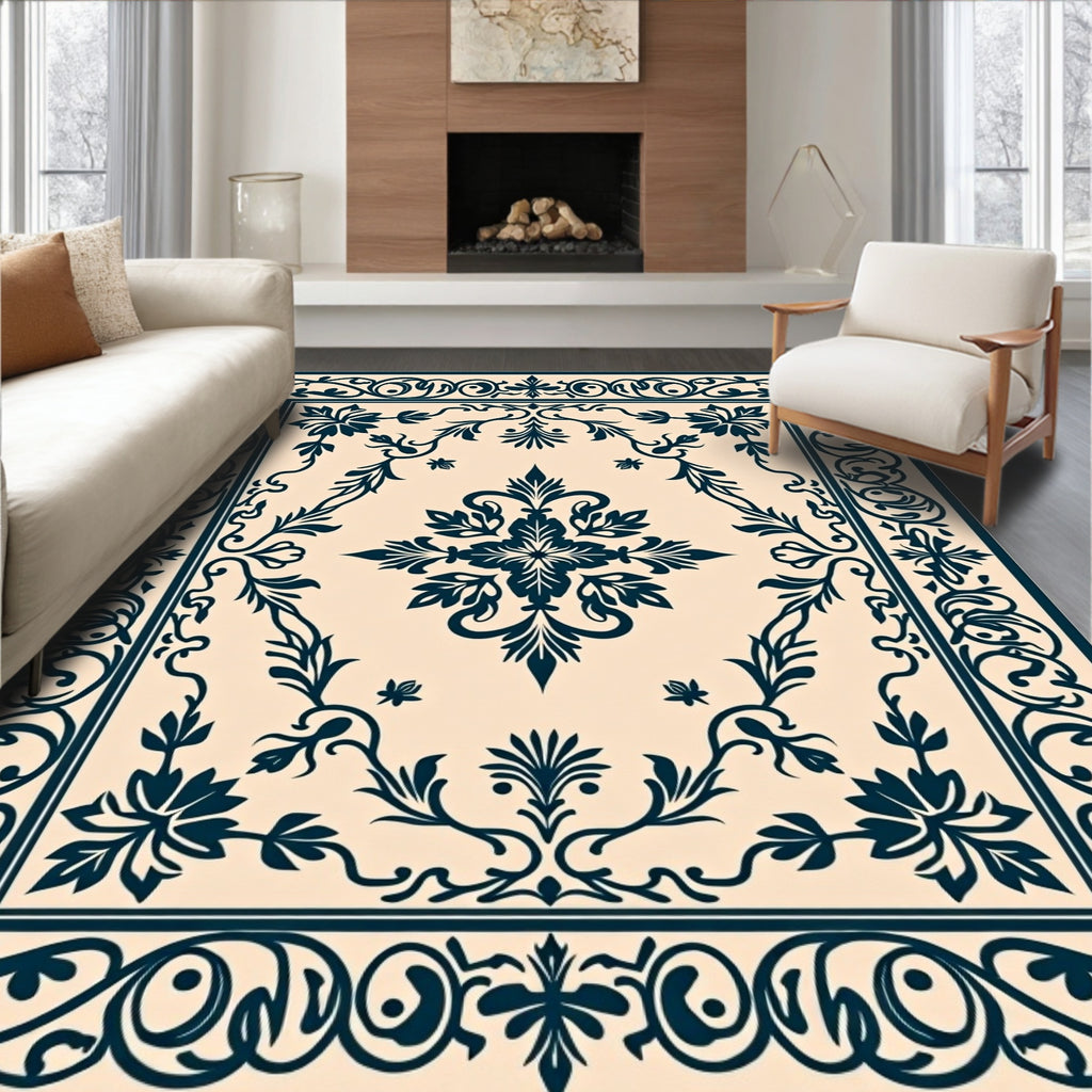 Ornate Navy Floral Traditional Design Rug
