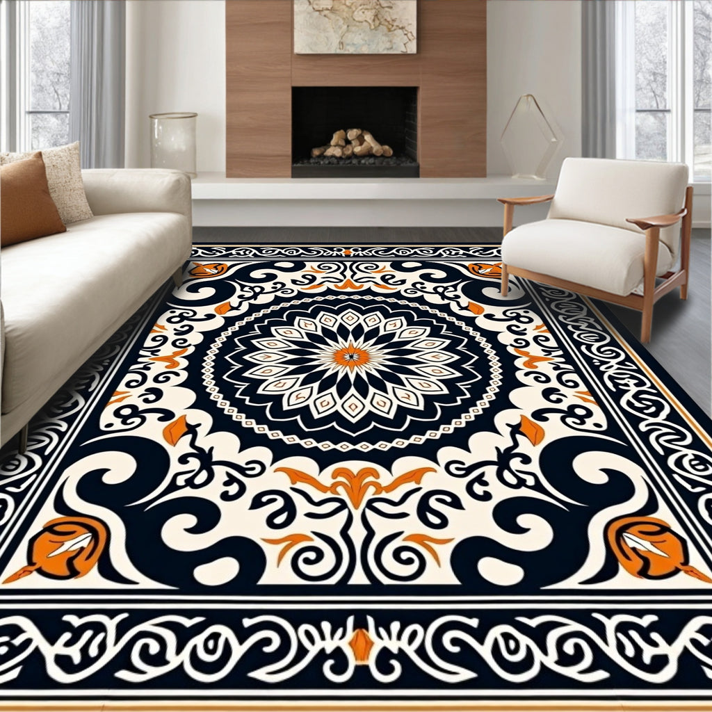 Ornate Black Orange Floral Medallion Rug