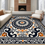 Ornate Black Orange Floral Medallion Rug