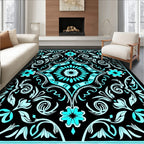 Black Teal Floral Scrollwork Design Rug