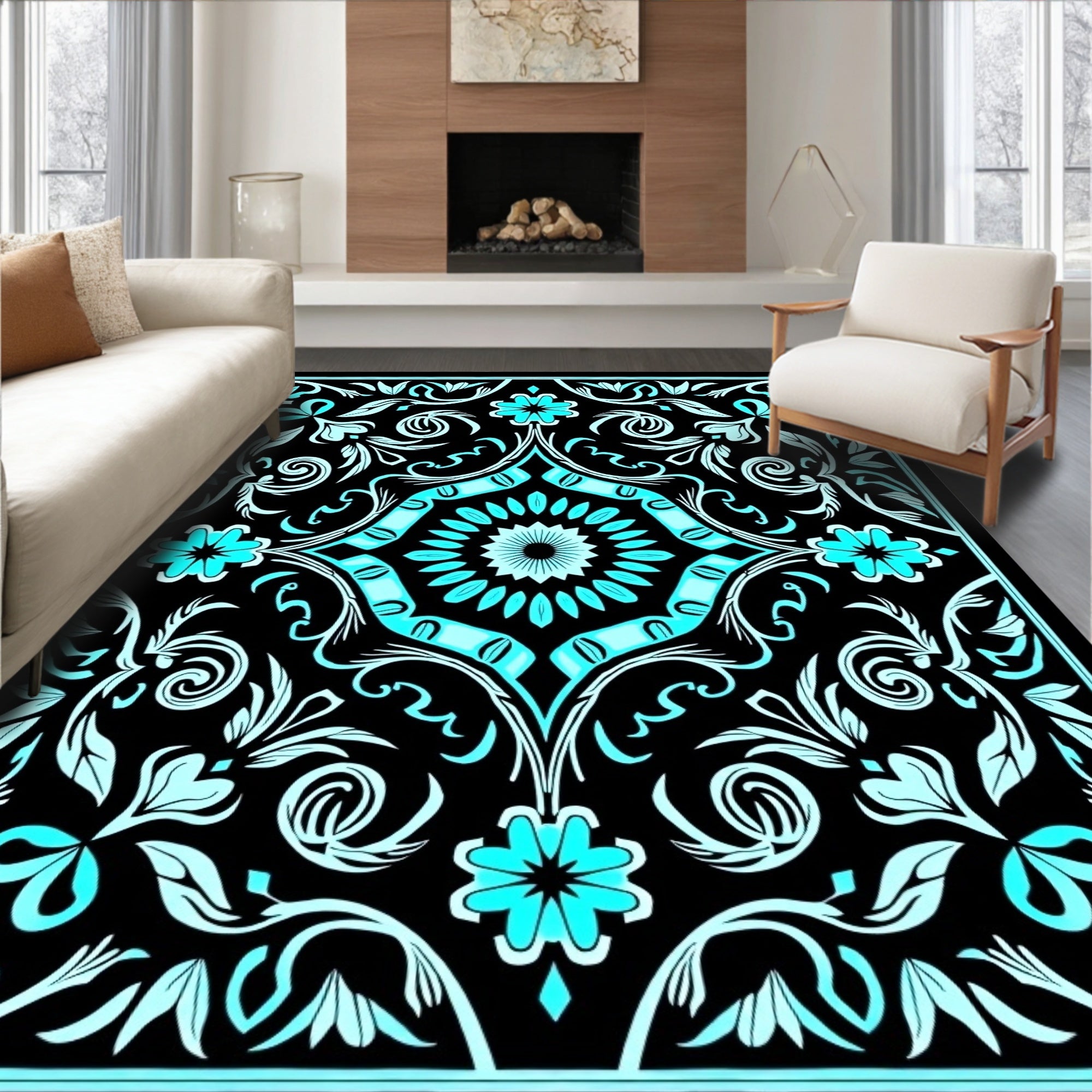 Black Teal Floral Scrollwork Design Rug