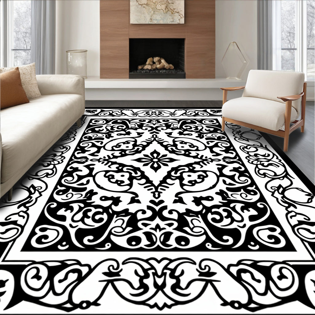 Black White Ornate Scroll Pattern Rug