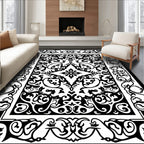 Black White Ornate Scroll Pattern Rug