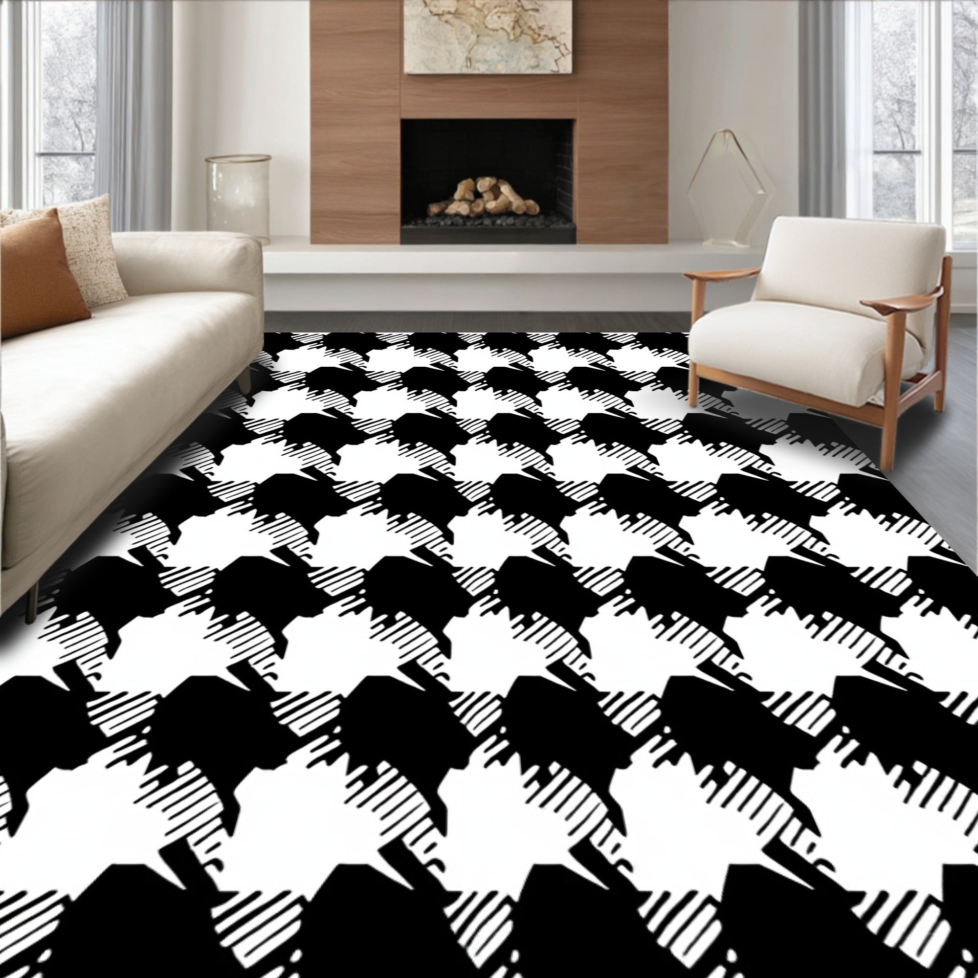 Classic Houndstooth Black White Pattern Rug
