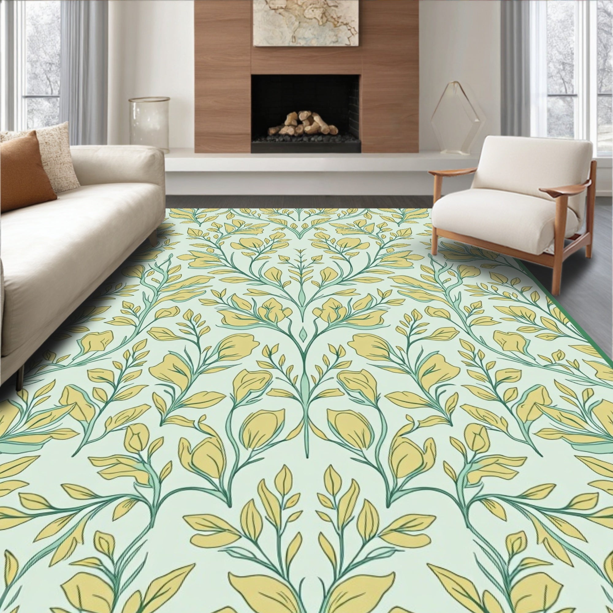 Drawn Floral Pattern With Leaf Motifs Rug