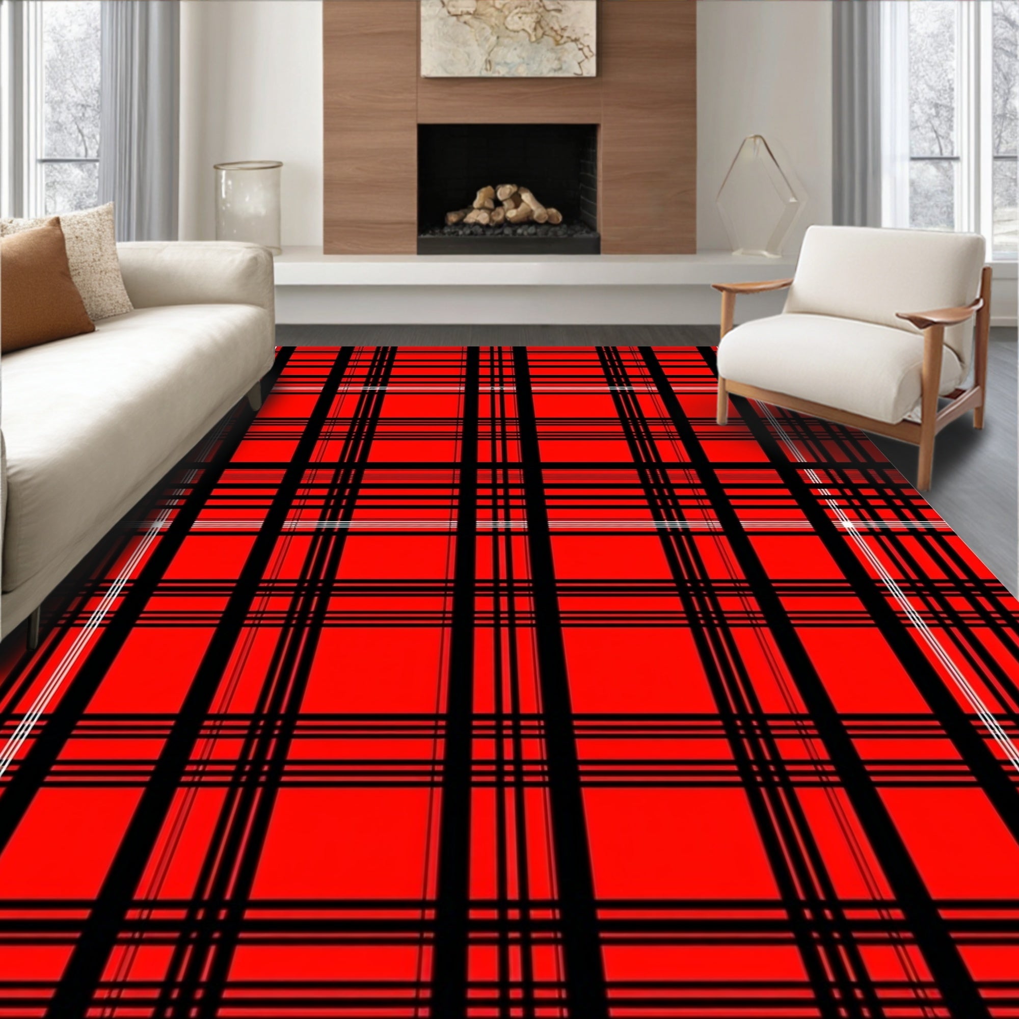 Bold Red Black Plaid Lines Rug
