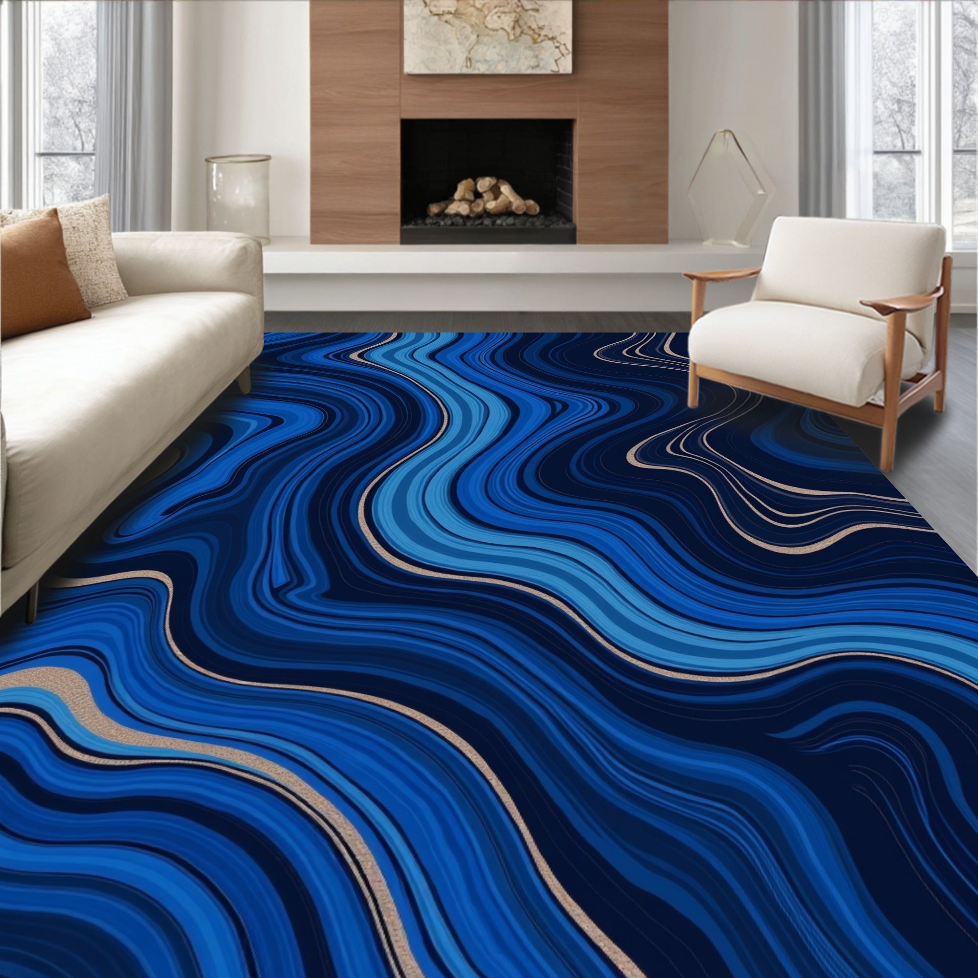 Deep Blue Marbled Swirl Pattern Rug