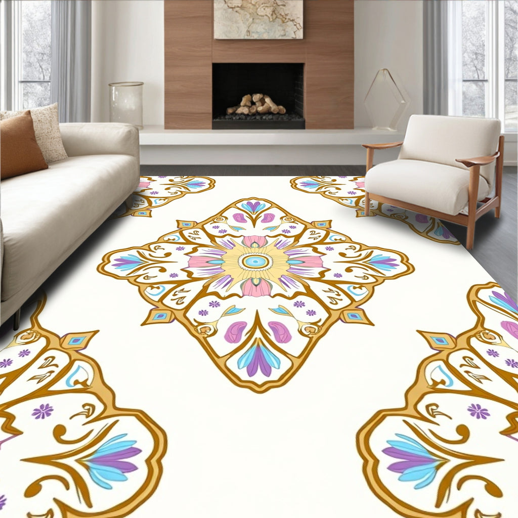 Ornate Floral Patterned Gold Accented Rug