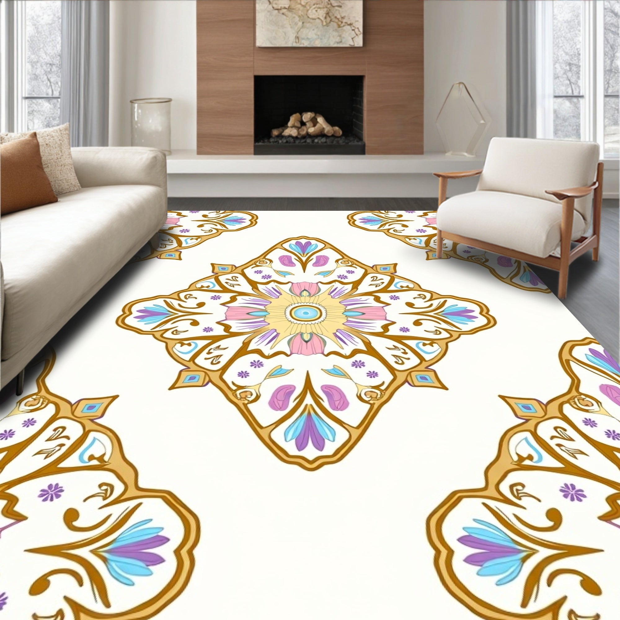 Ornate Floral Patterned Gold Accented Rug