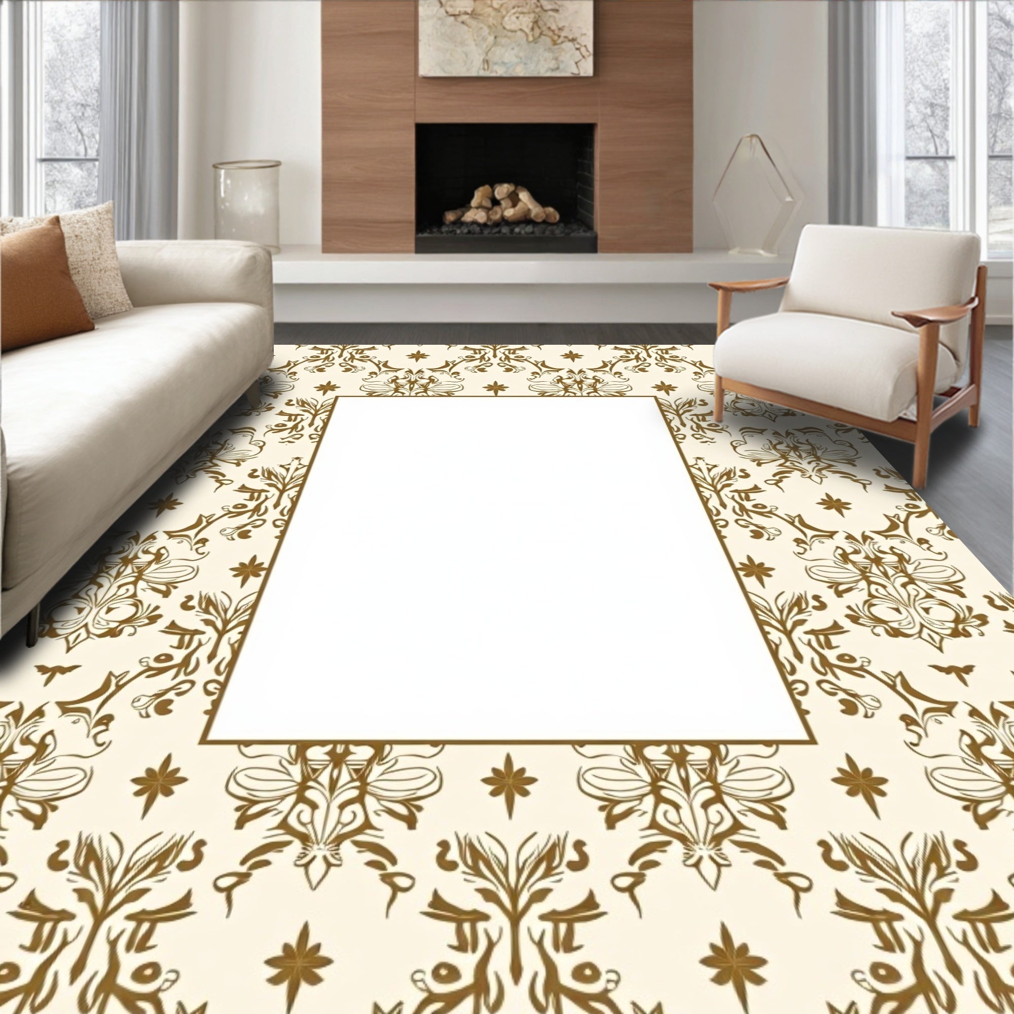 Elegant Cream Gold Damask Pattern Rug