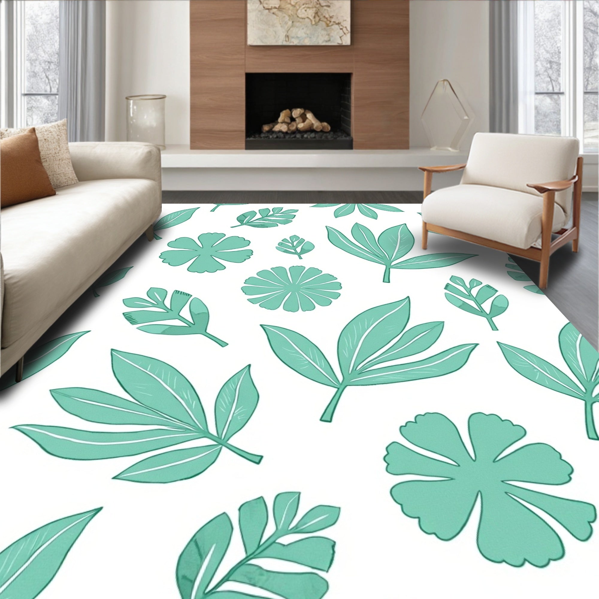 Mint Green Floral Leaf Pattern Rug
