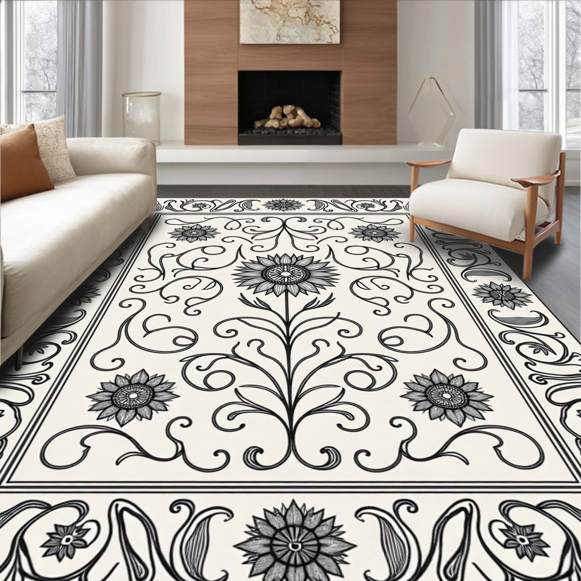 Floral Swirls With Sunflower Motif Rug