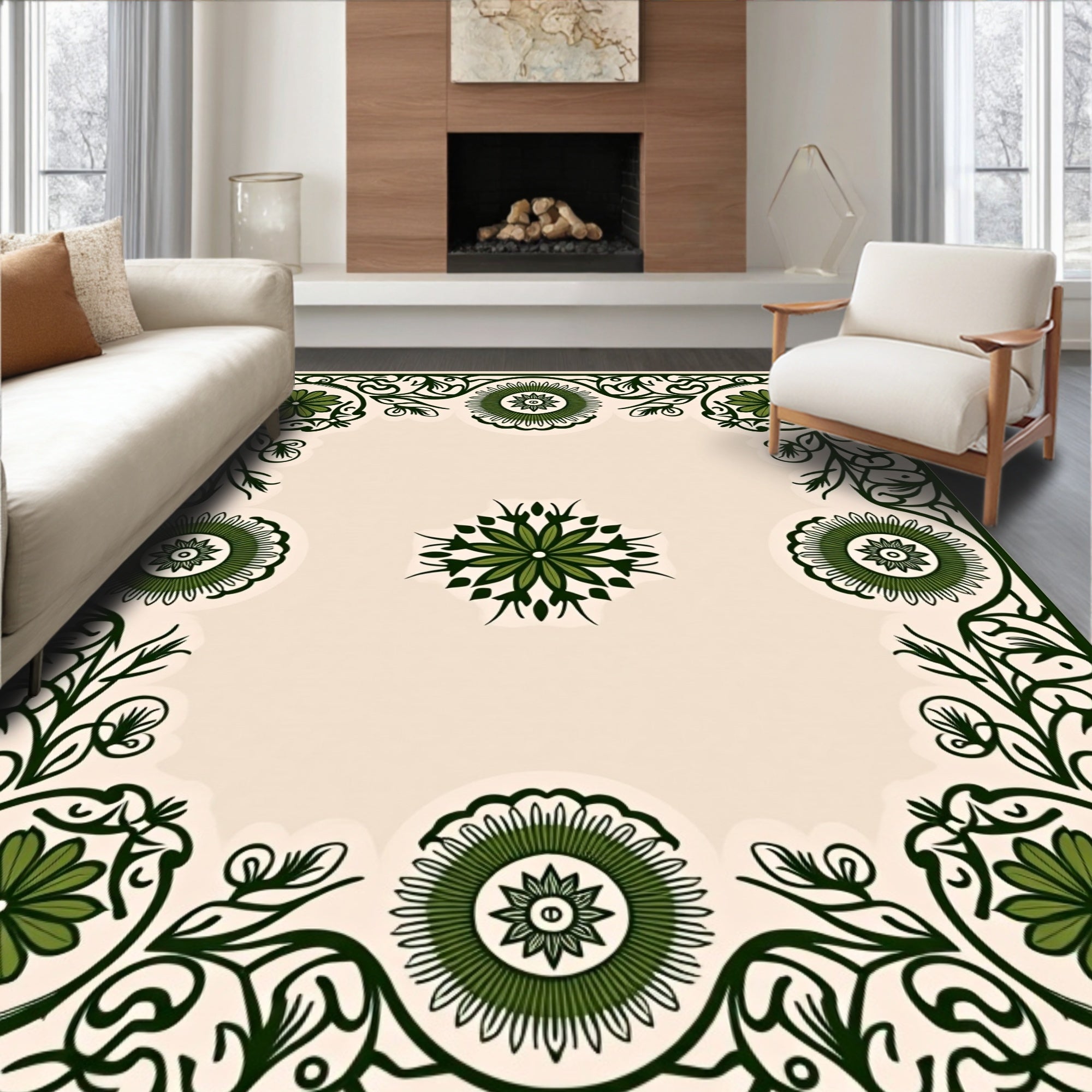 Ornate Green Floral Scrollwork Design Rug