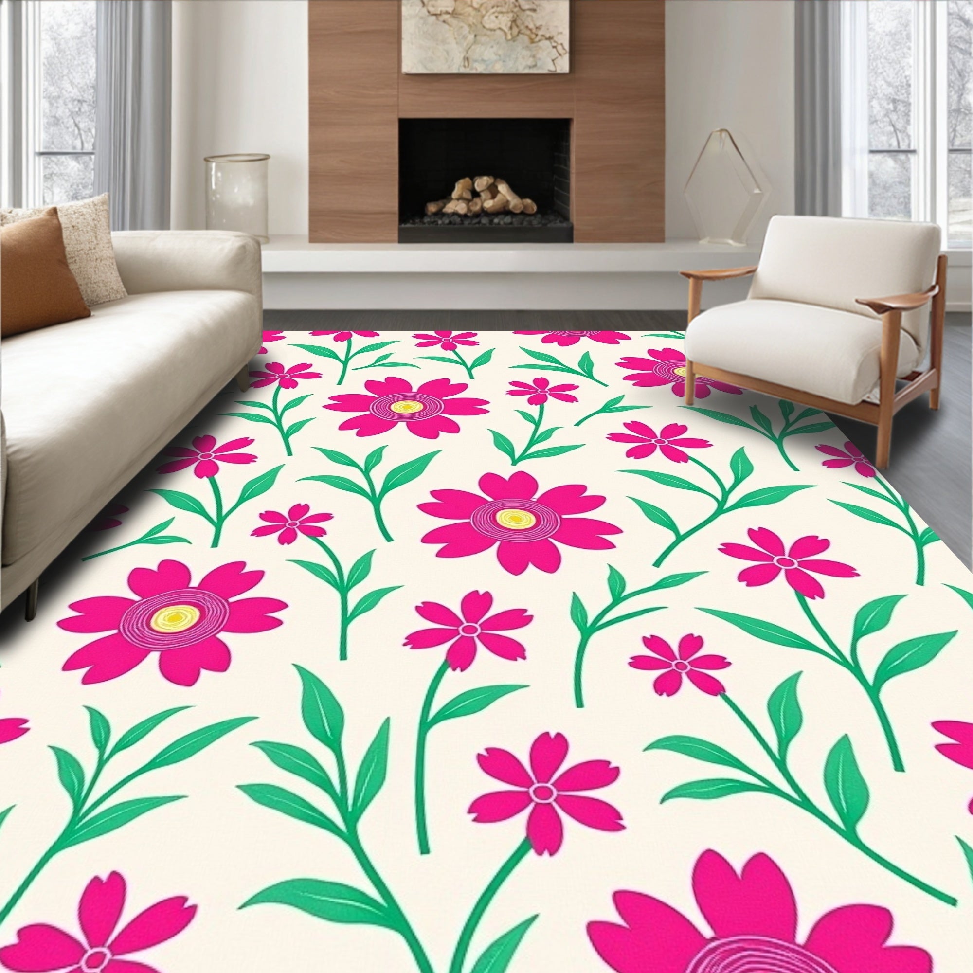 Bright Pink Floral Pattern Design Rug