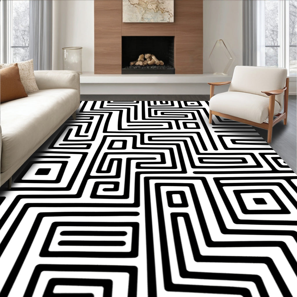 Abstract Black White Maze Art Rug