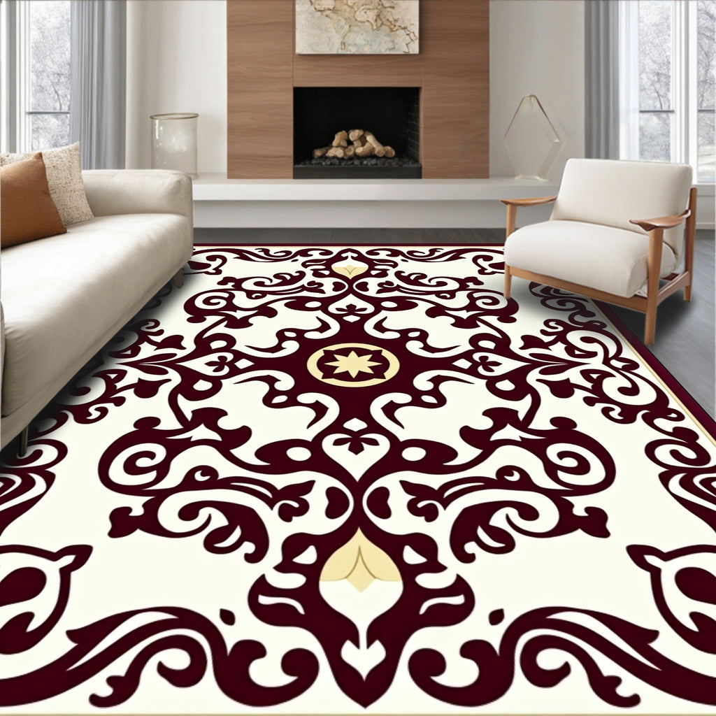 Intricate Scrollwork Crimson Cream Medallion Rug