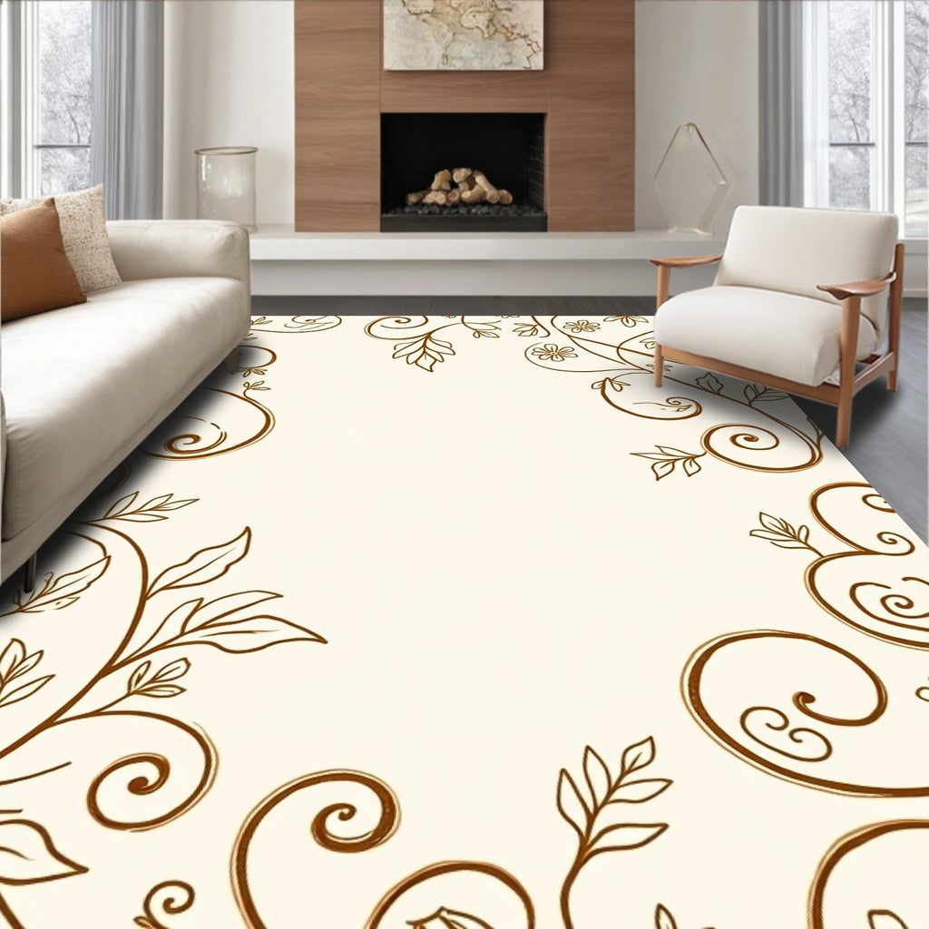 Ornate Brown Floral Scrollwork Design Rug