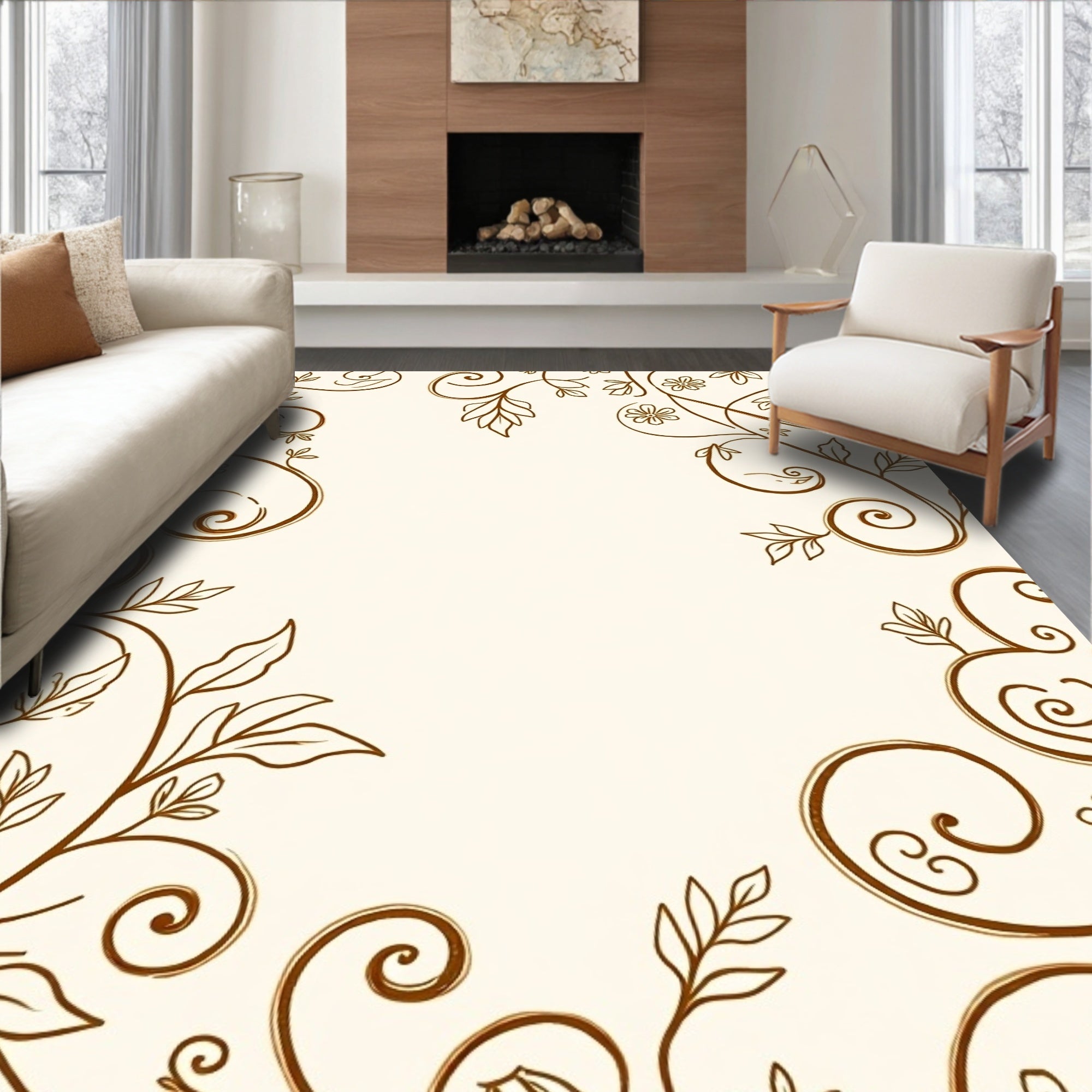 Ornate Brown Floral Scrollwork Design Rug