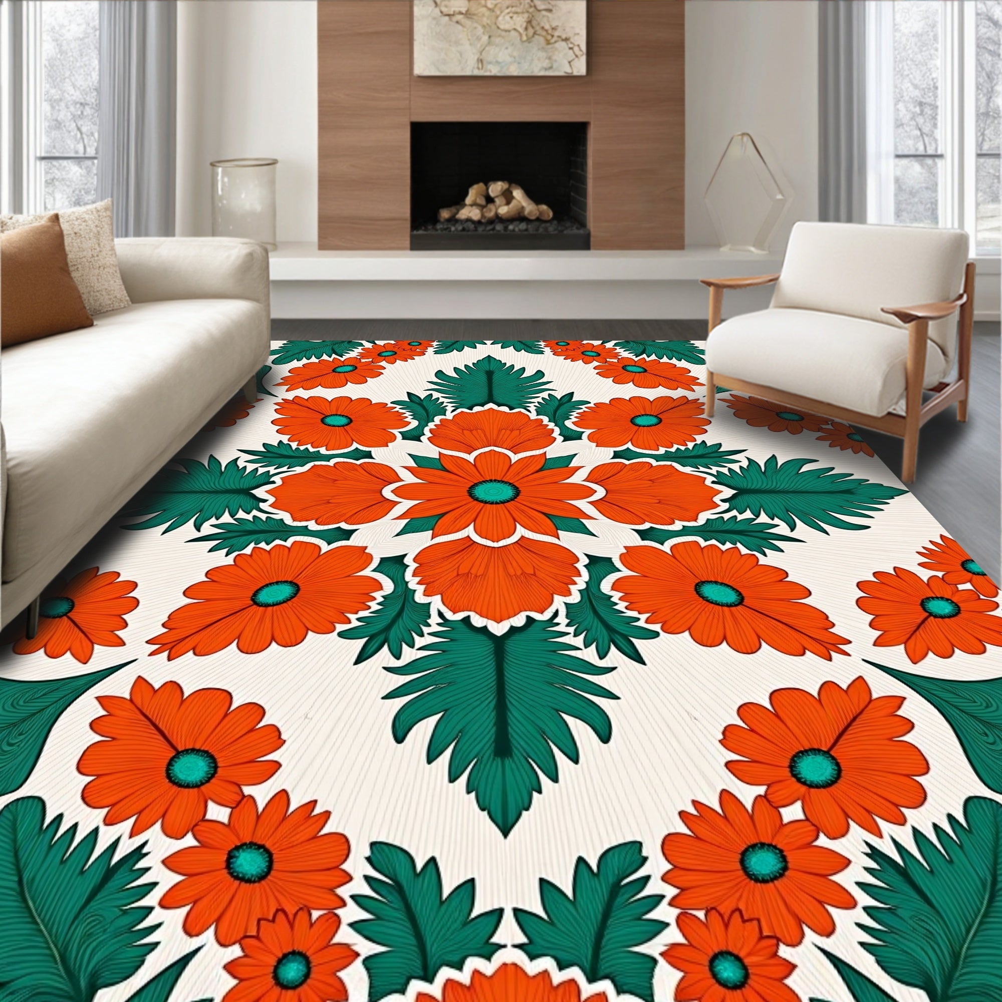 Vibrant Floral Pattern with Leaf Accents Rug