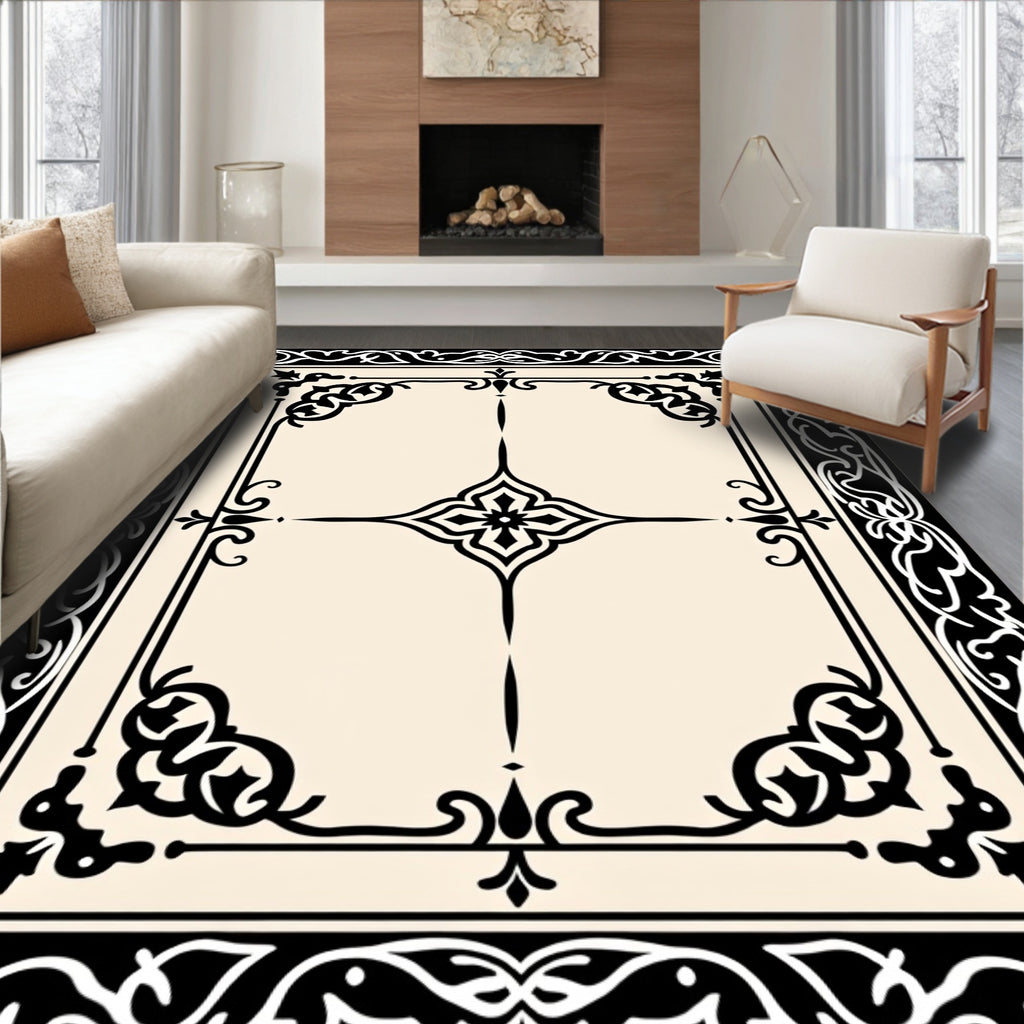 Ornate Black and Cream Classic Pattern Rug