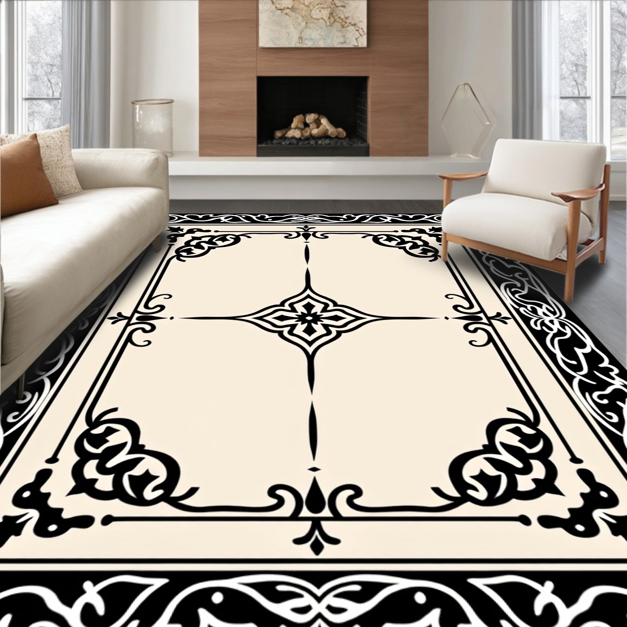 Ornate Black and Cream Classic Pattern Rug