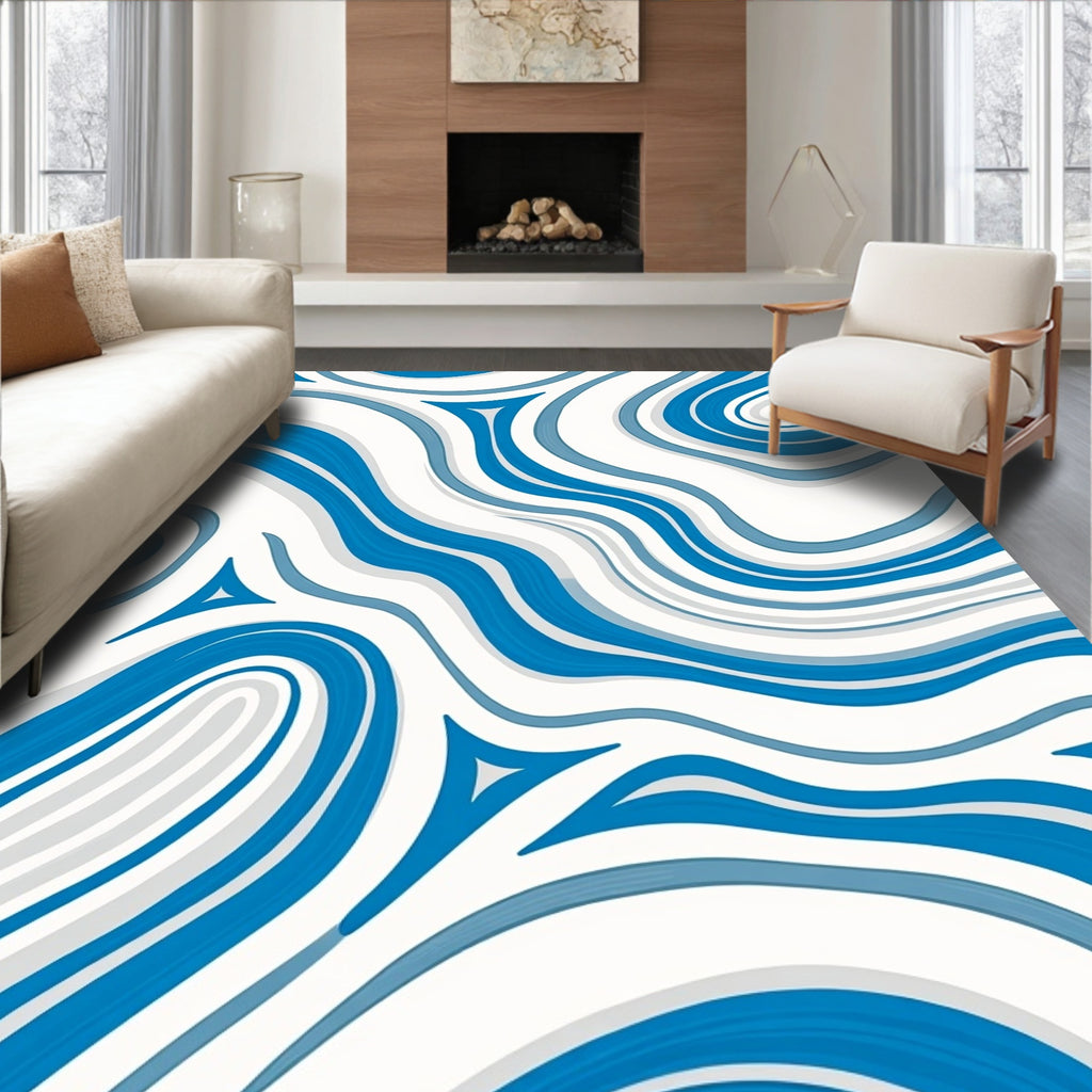 Abstract Blue Swirling Lines Rug