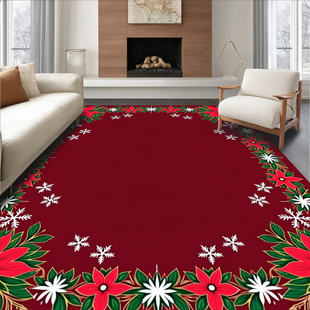 Crimson Poinsettia Snowfall Holiday Border Rug