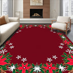 Crimson Poinsettia Snowfall Holiday Border Rug