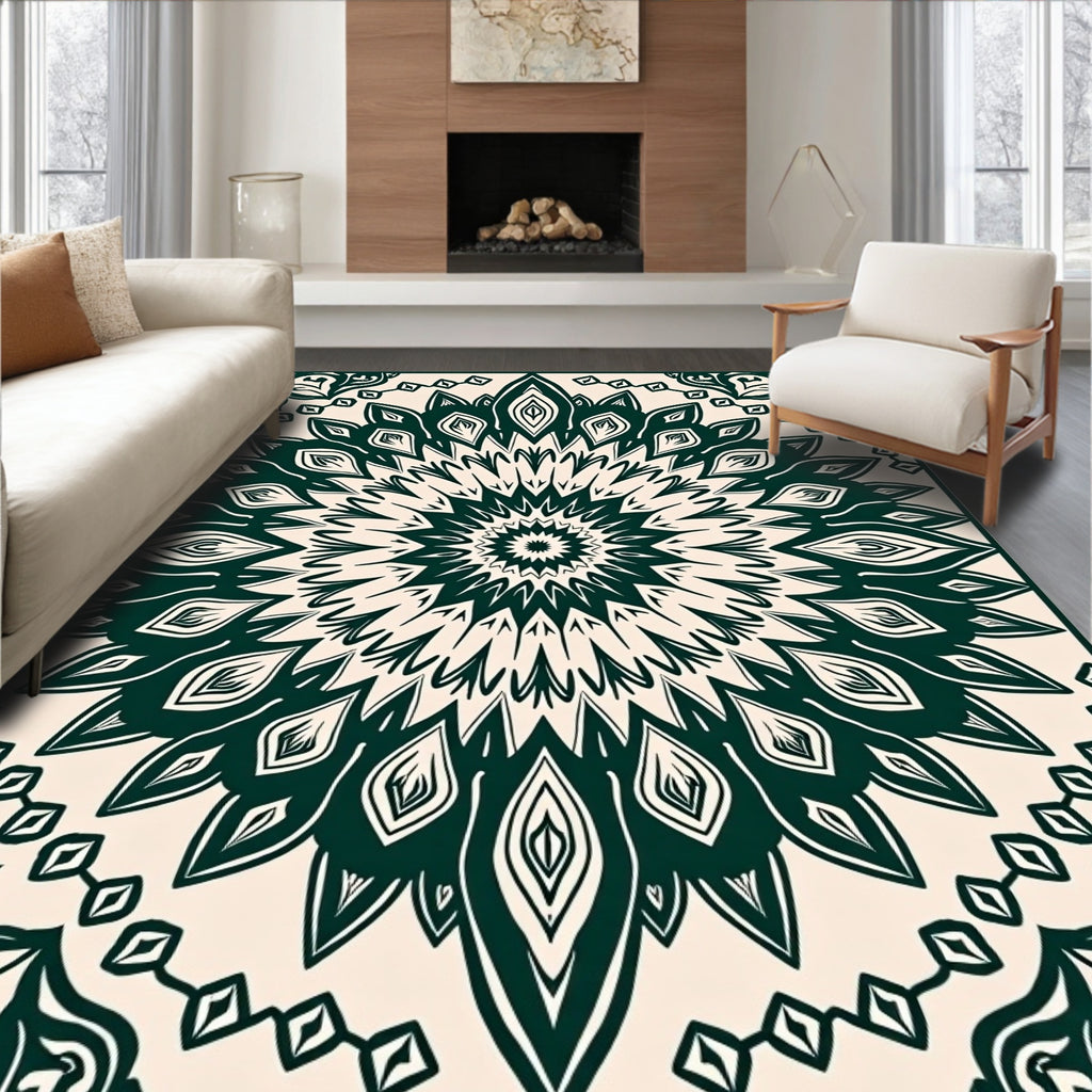 Dark Green Floral Mandala Inspired Design Rug