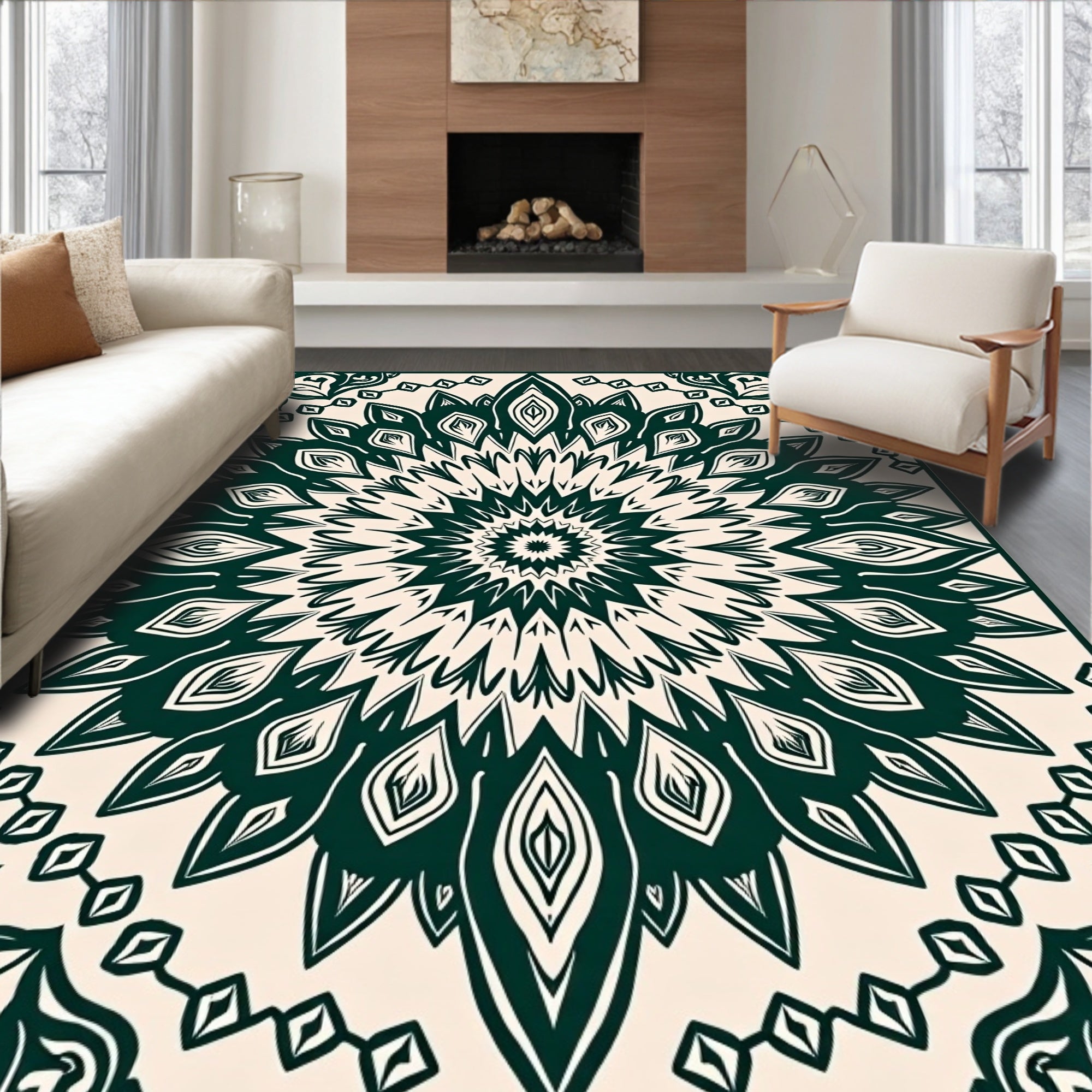 Dark Green Floral Mandala Inspired Design Rug