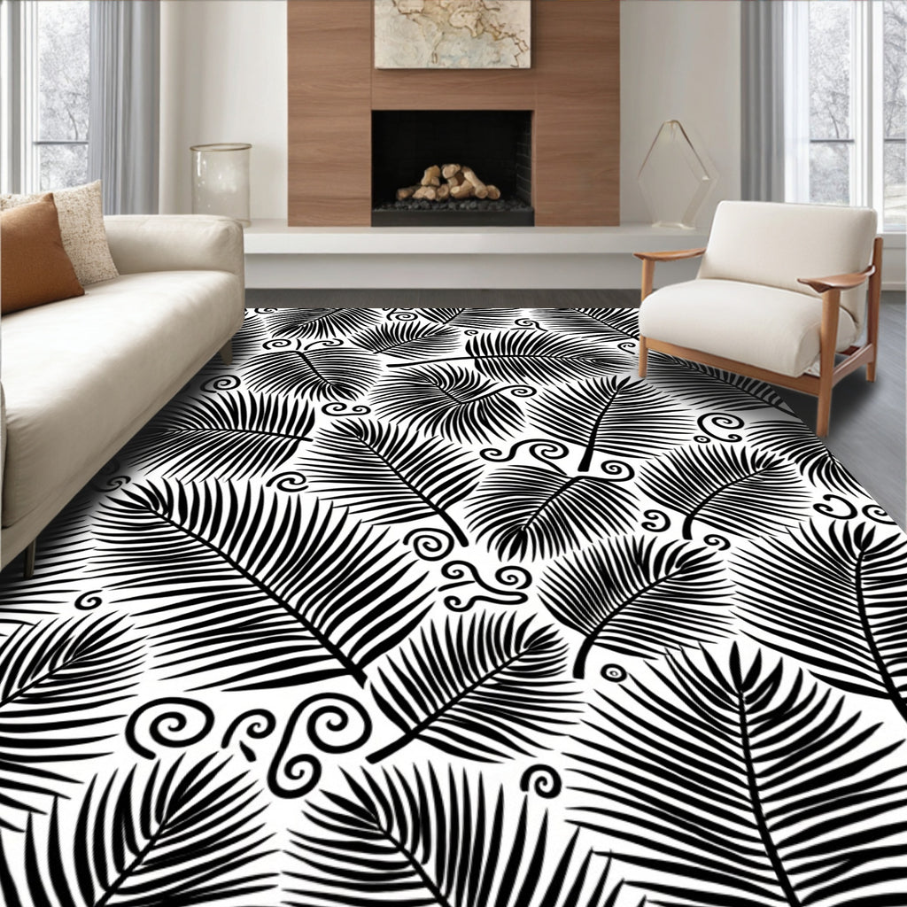 Black White Tropical Leaf Swirl Pattern Rug