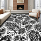 Black White Tropical Leaf Swirl Pattern Rug