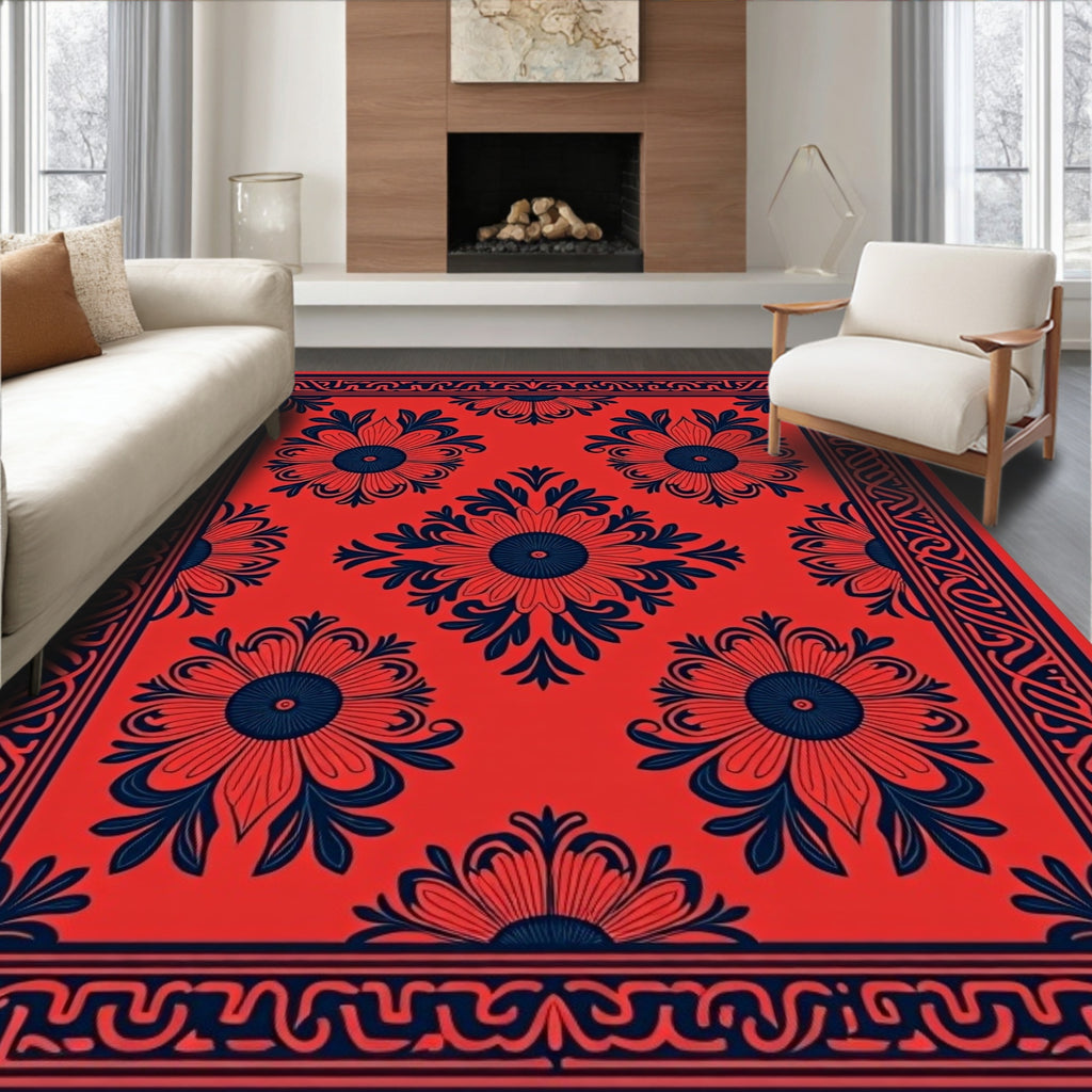 Bold Red Floral Scroll Border Rug