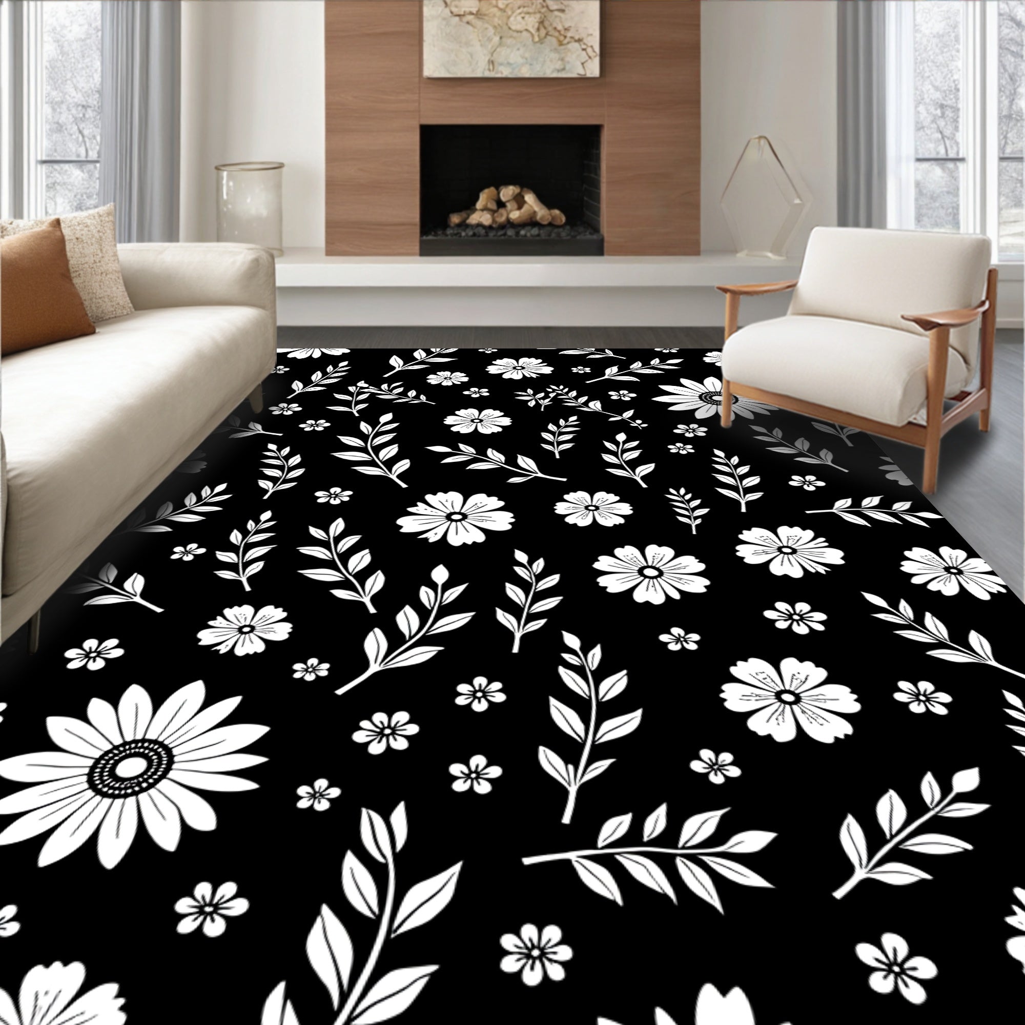 White Floral Vine Pattern Rug