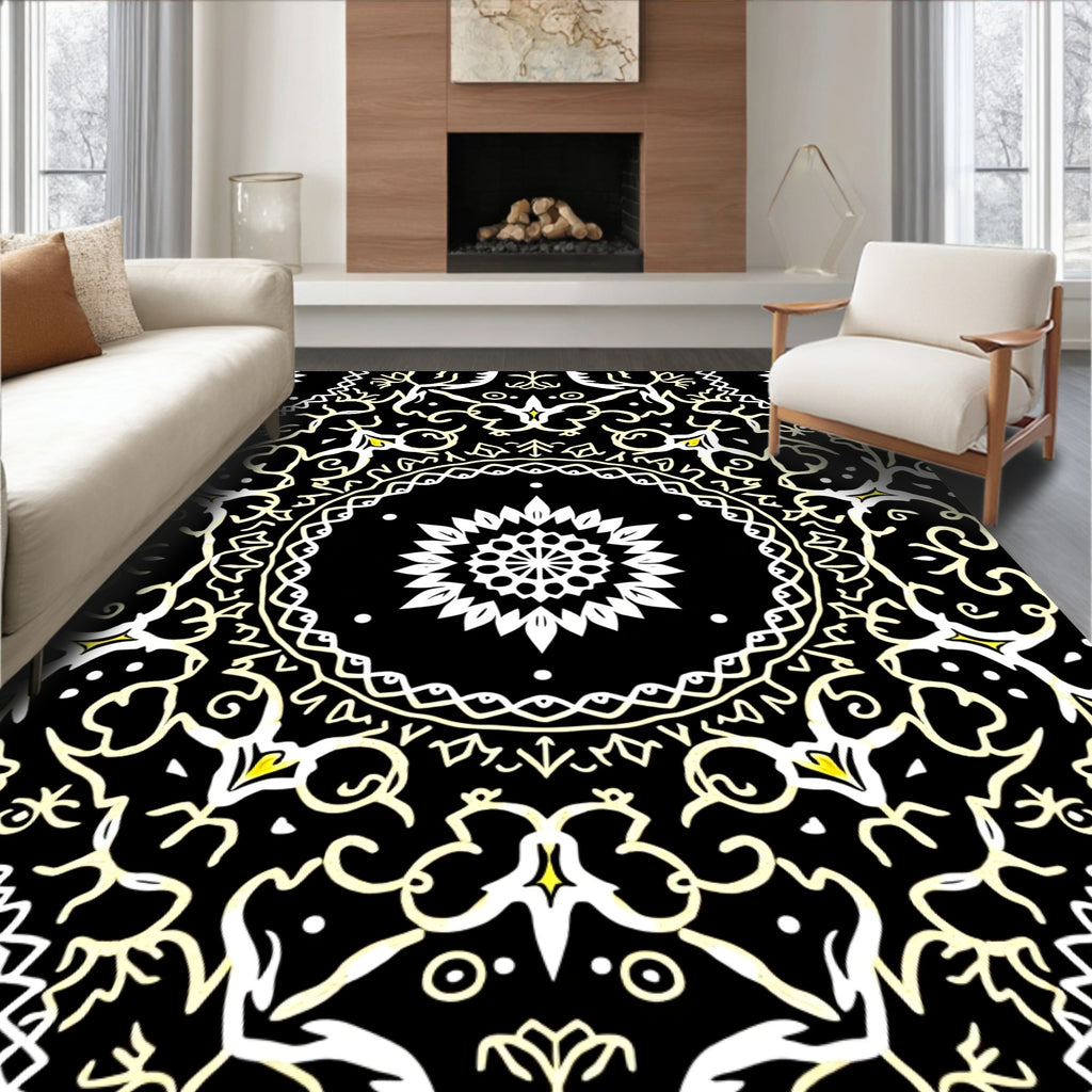 Black White Yellow Mandala Floral Rug