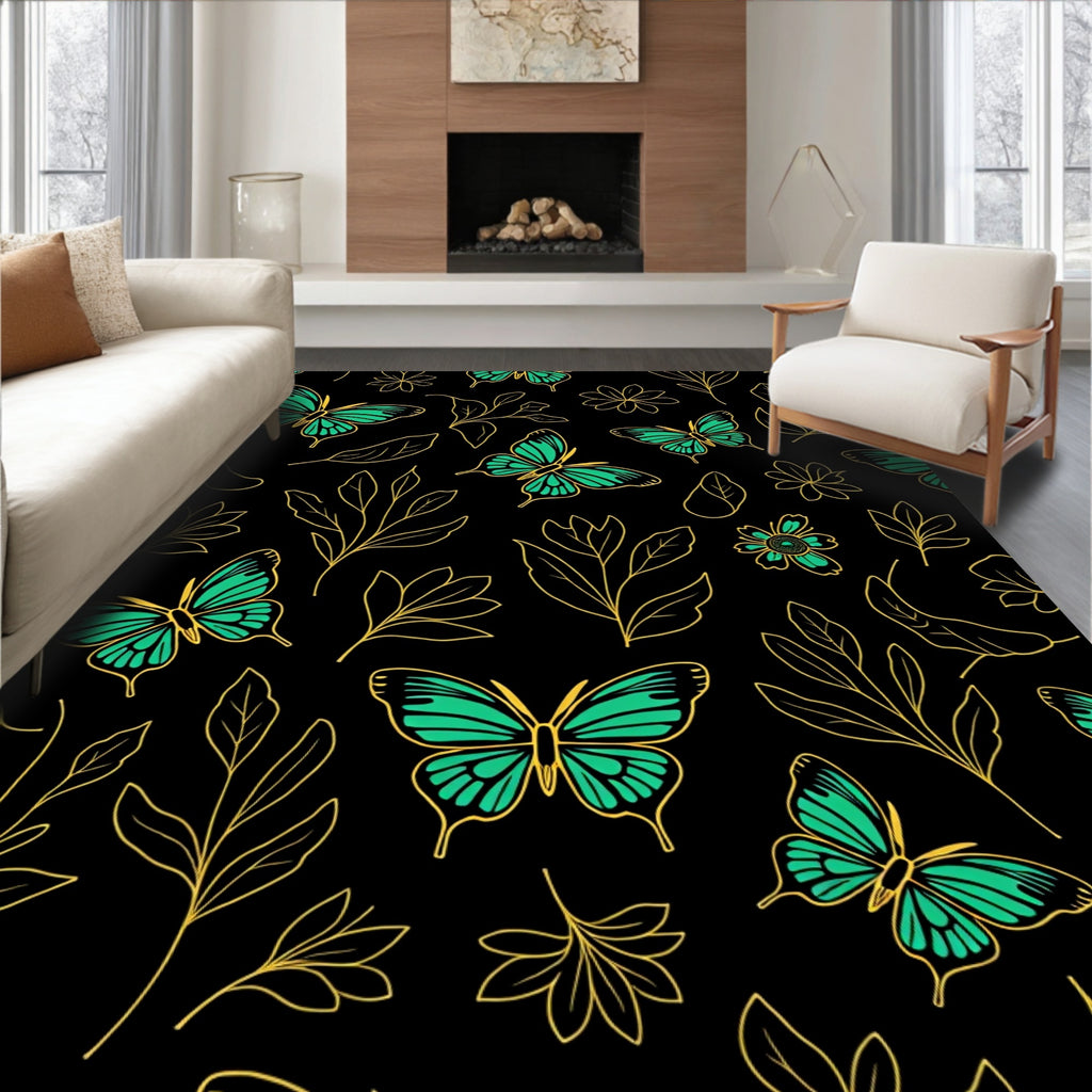 Emerald Butterfly Floral Black Background Rug