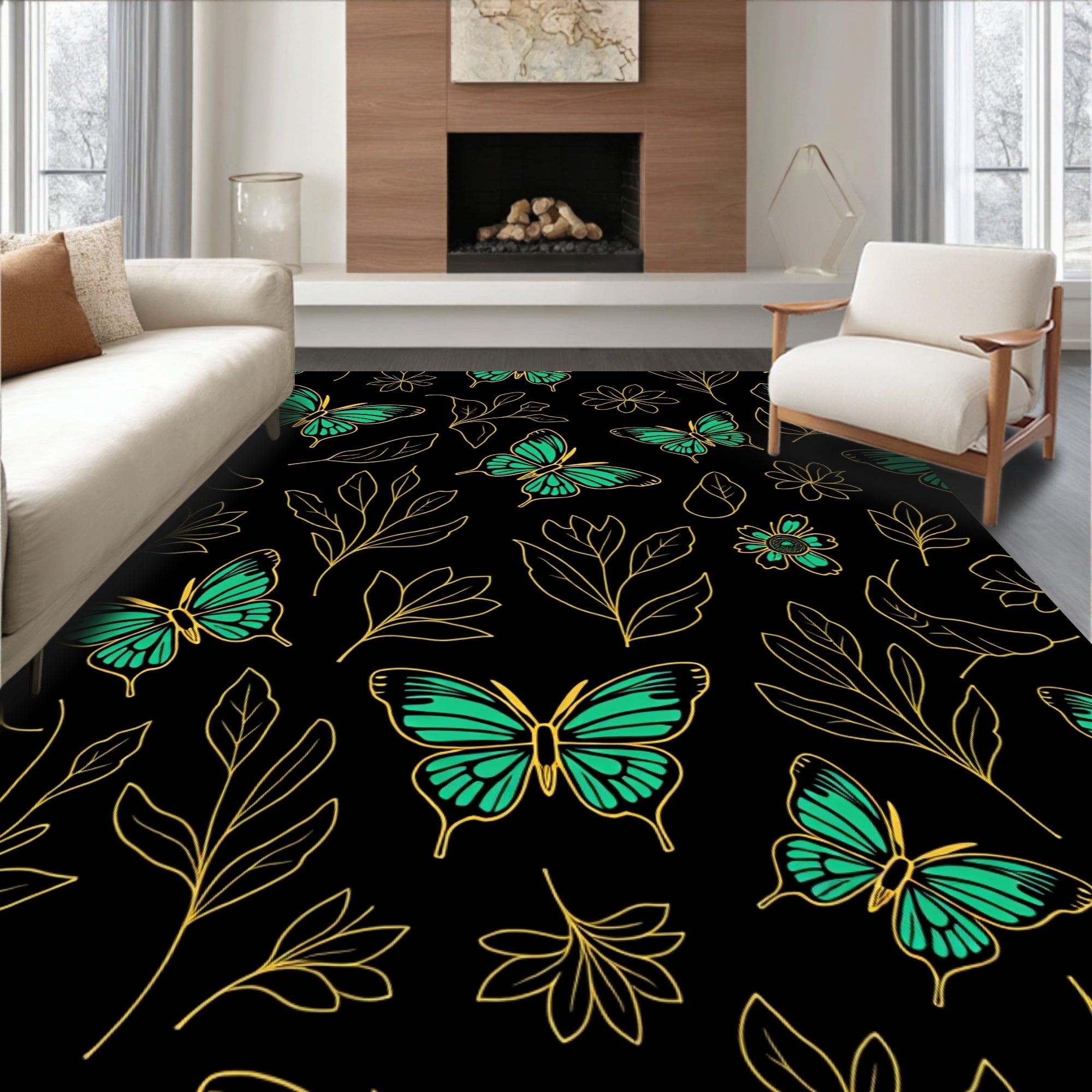 Emerald Butterfly Floral Black Background Rug
