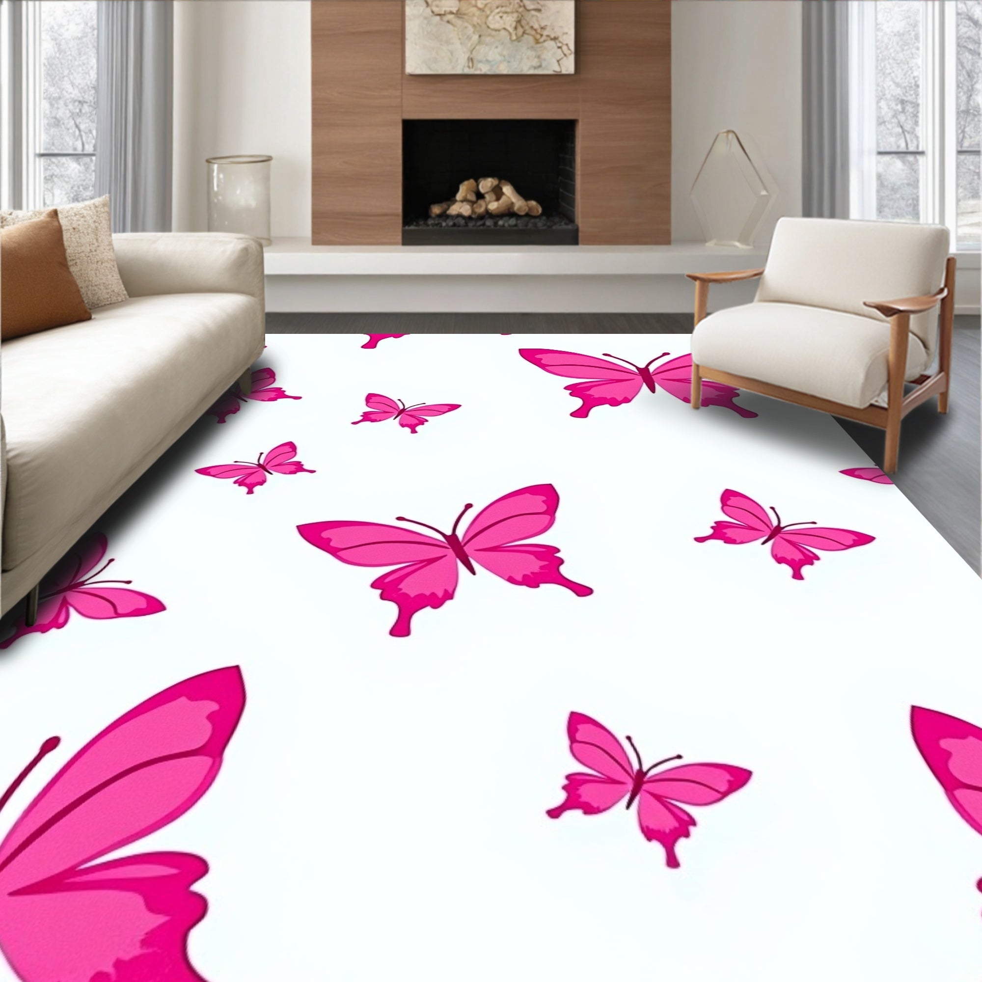 Hot Pink Butterfly Pattern Rug