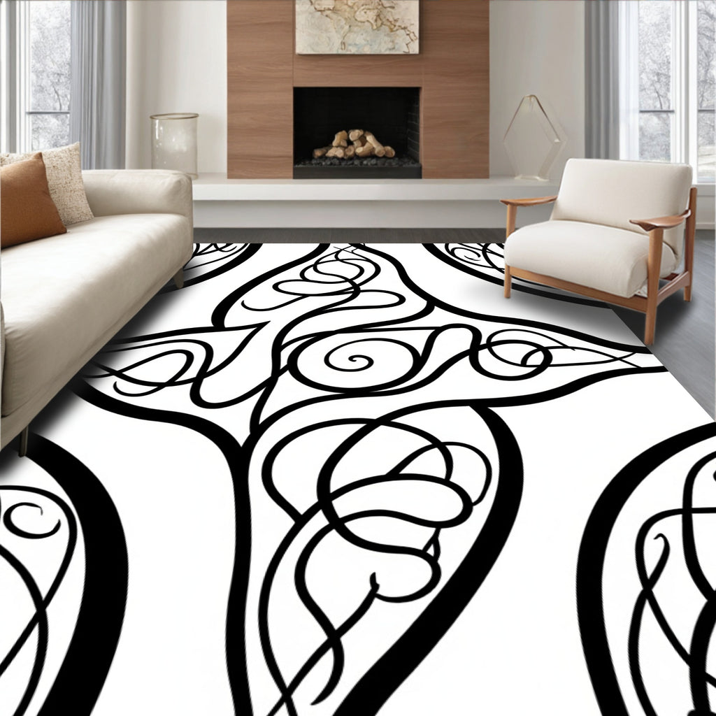 Black White Swirling Organic Pattern Rug