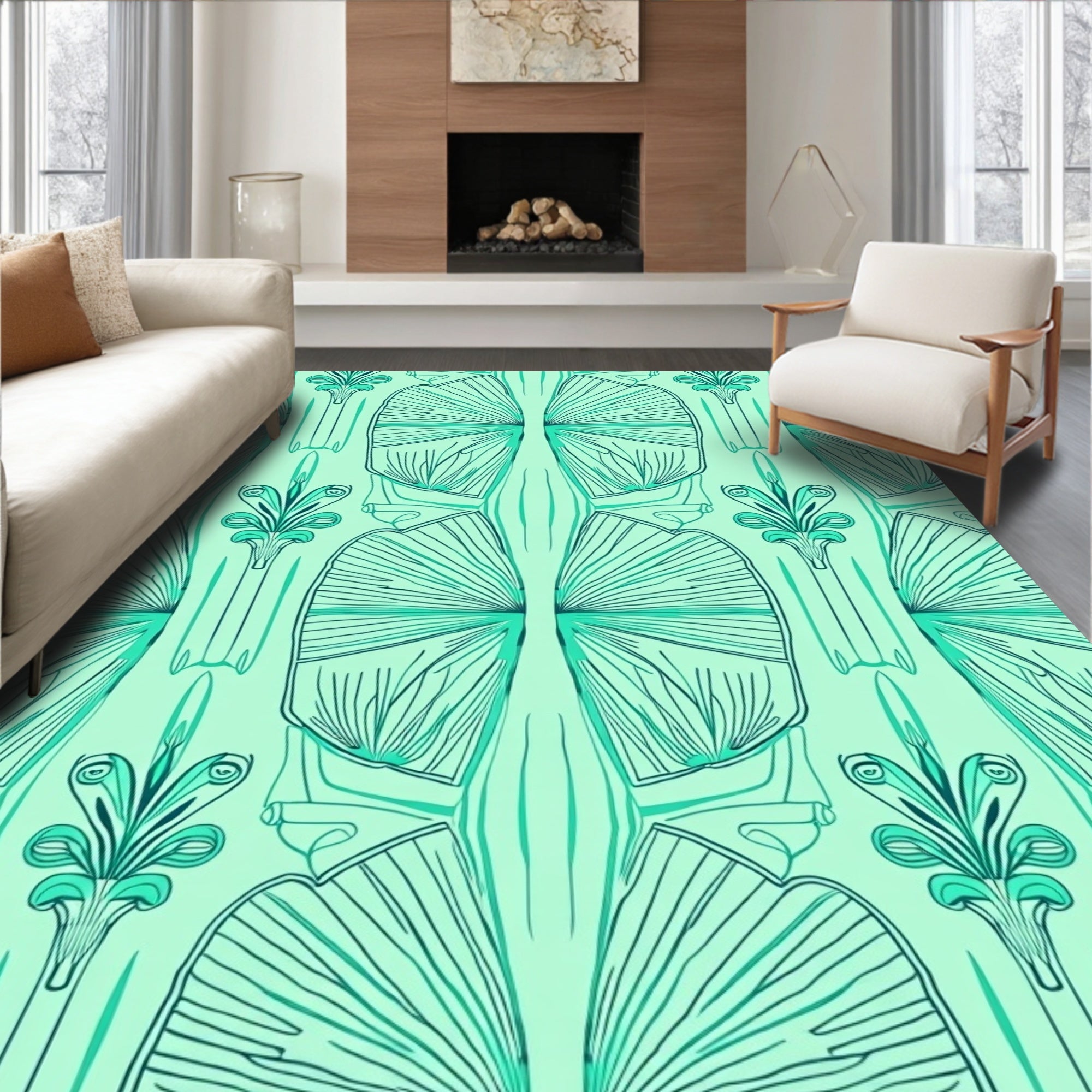 Art Deco Fan Shape Floral Pattern Rug