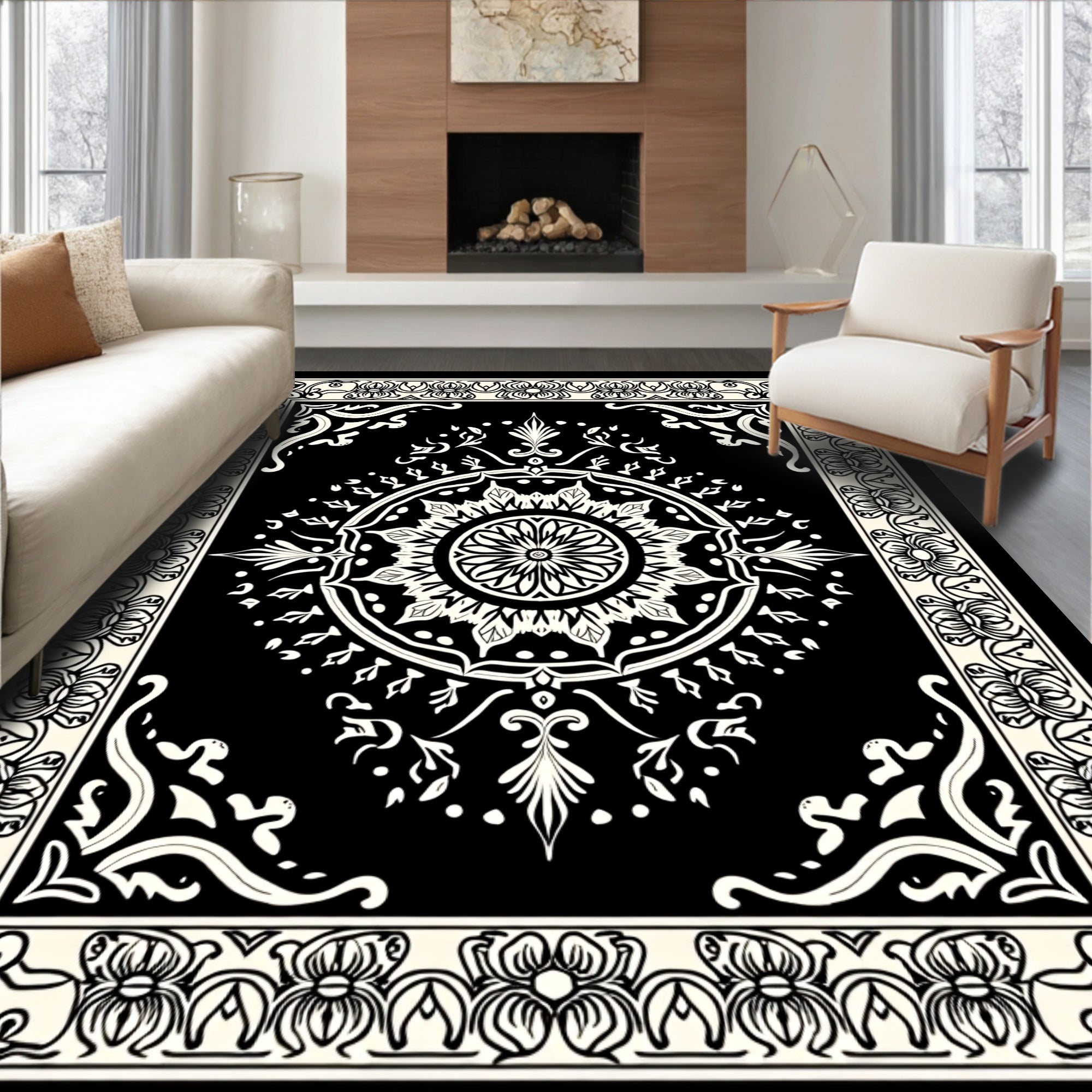 Black White Intricate Floral Mandala Rug