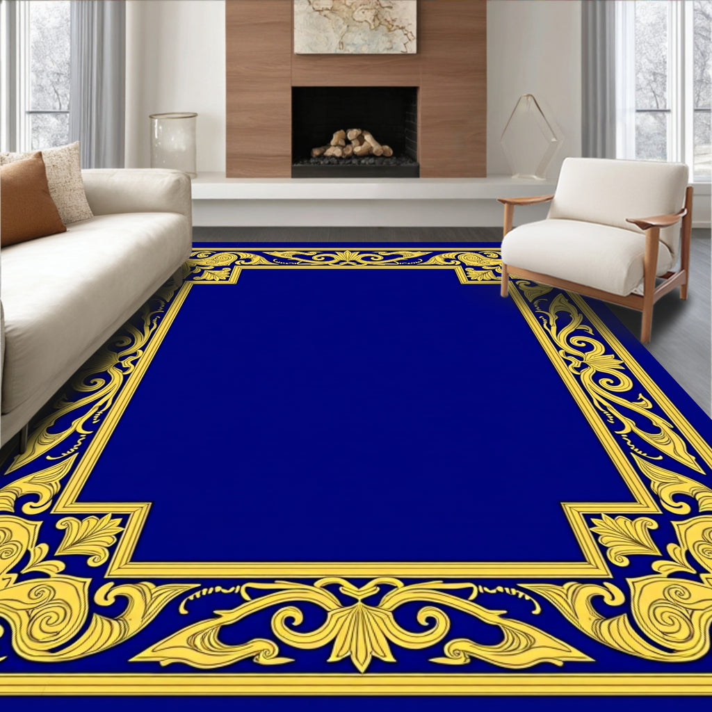 Ornate Gold Floral Blue Border Rug