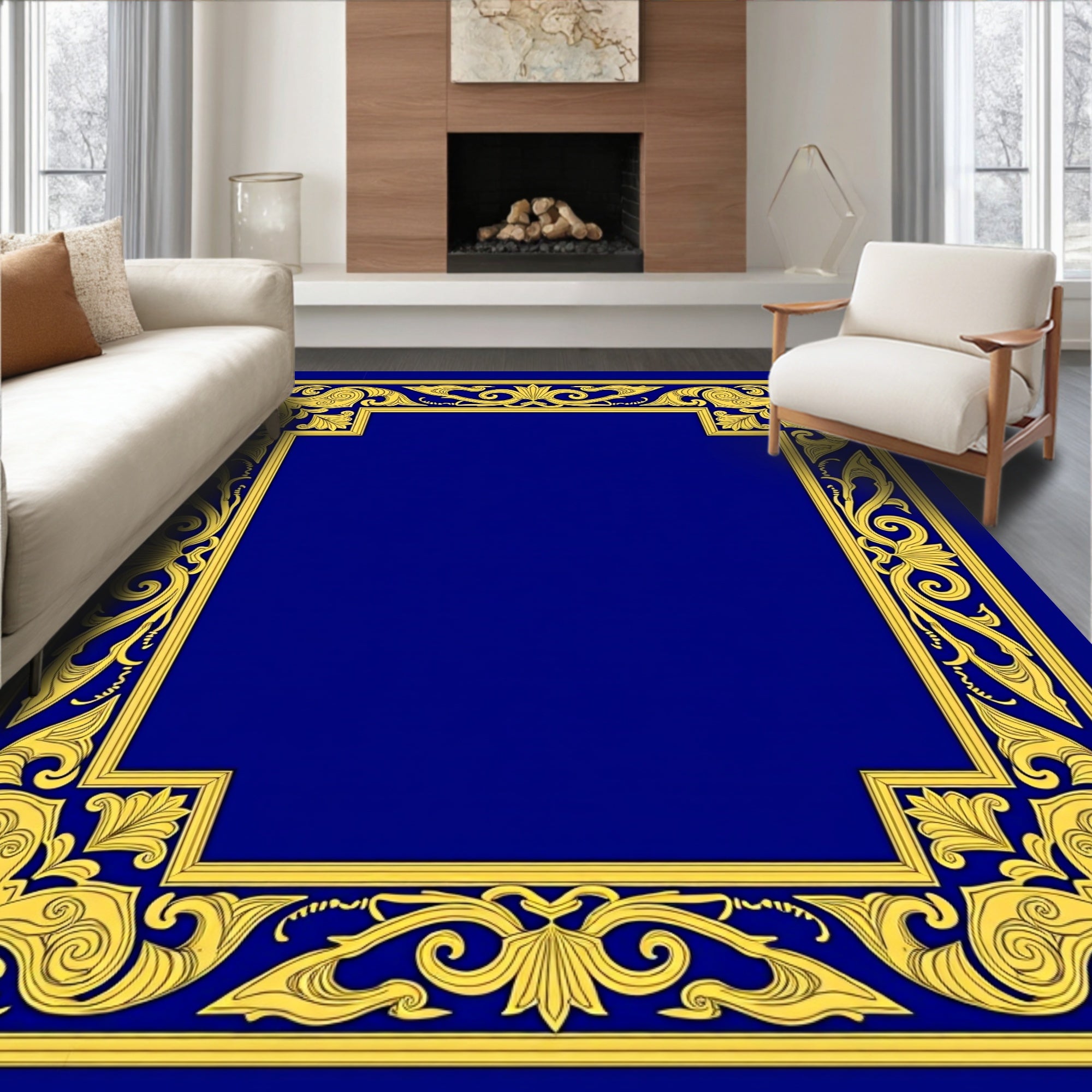 Ornate Gold Floral Blue Border Rug