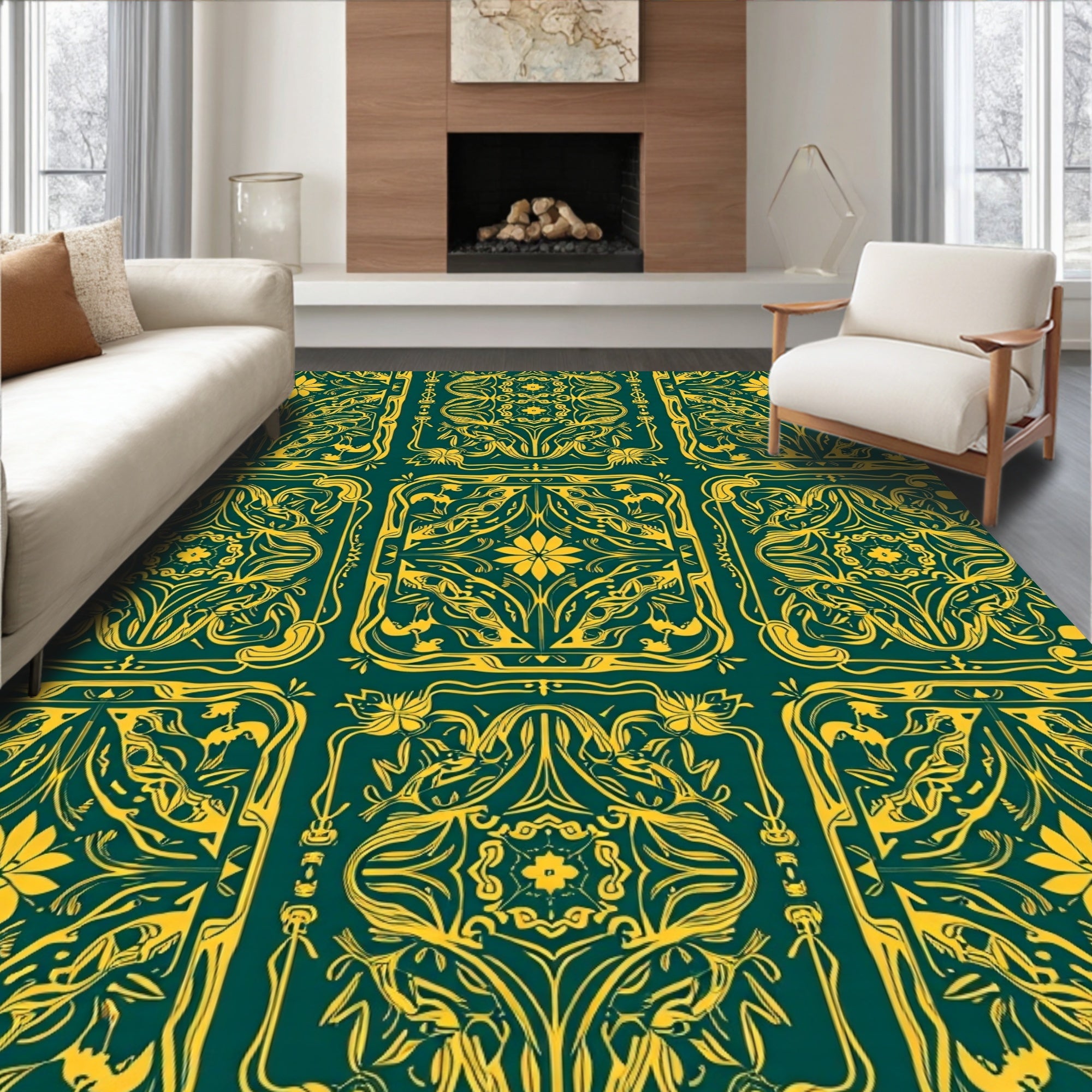 Golden Emerald Art Nouveau Floral Panels Rug