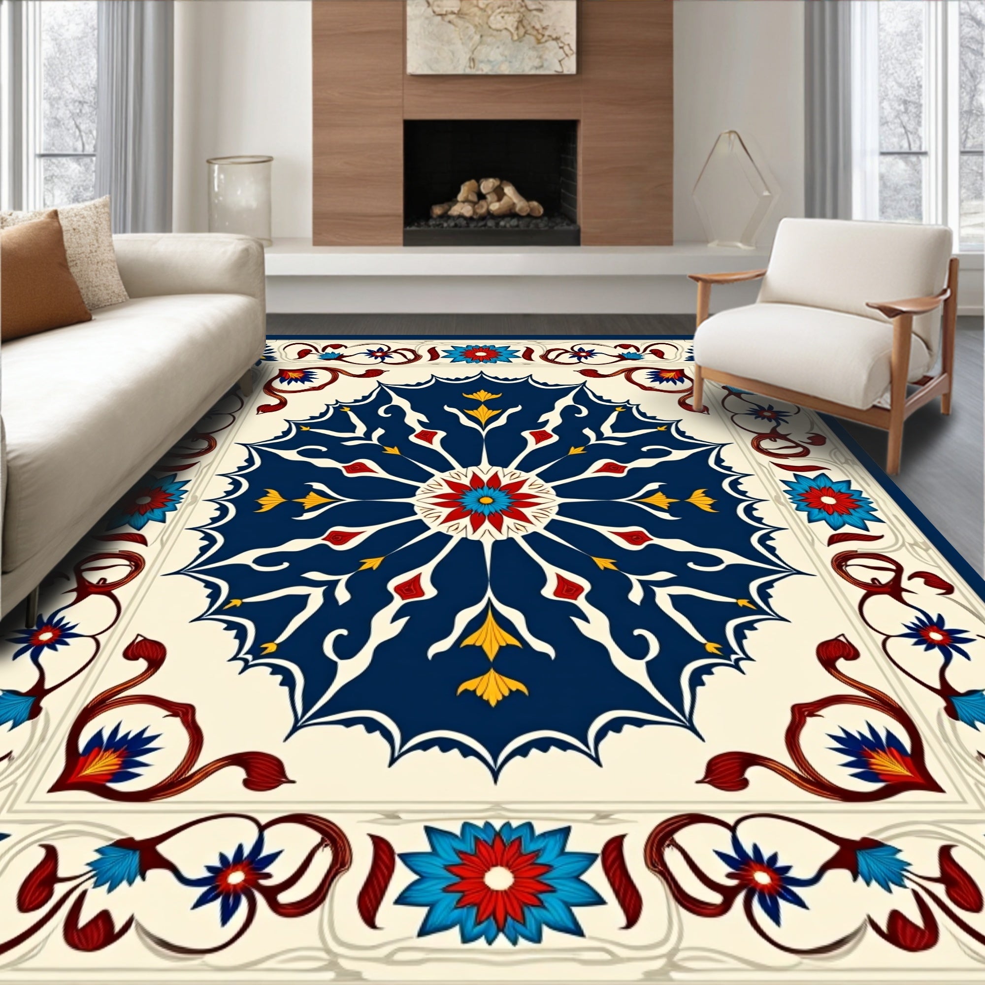 Vibrant Floral Medallion Border Design Rug