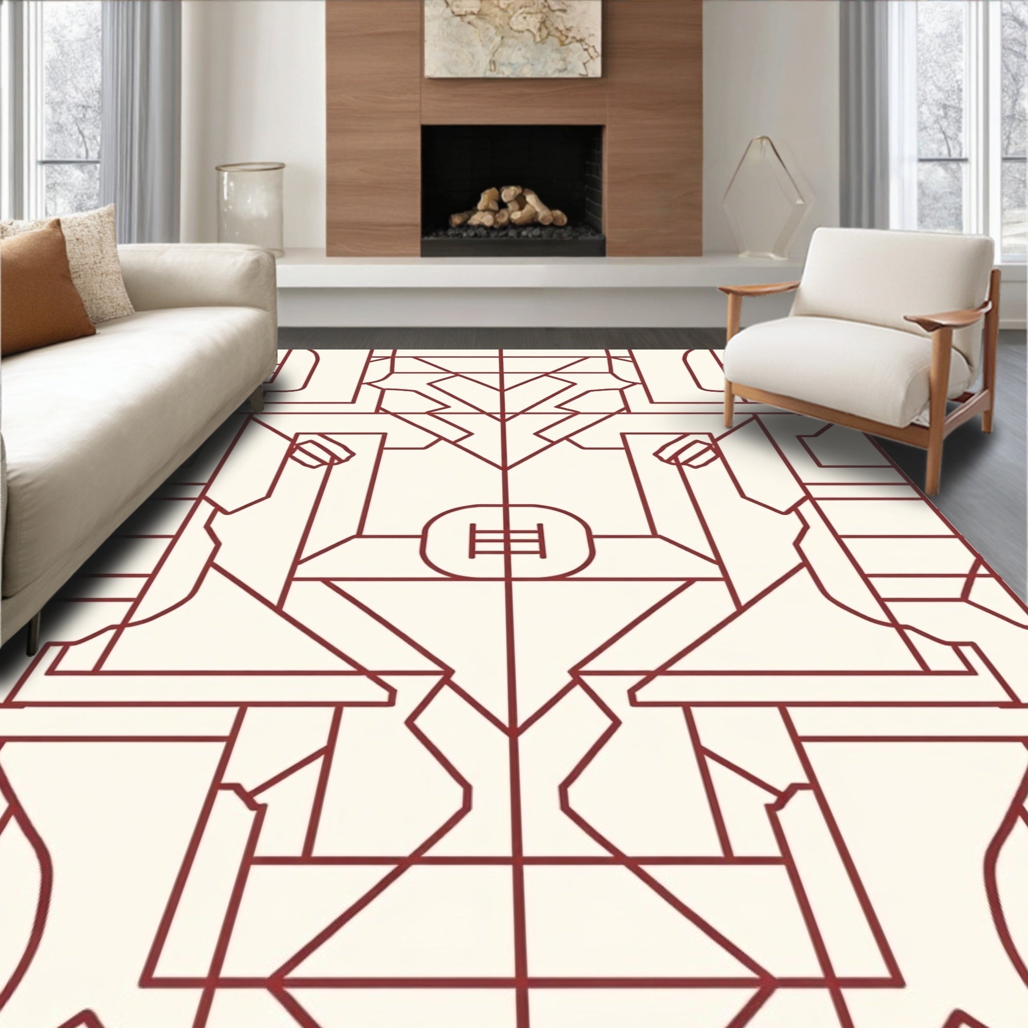 Geometric Red Lines Pattern Rug