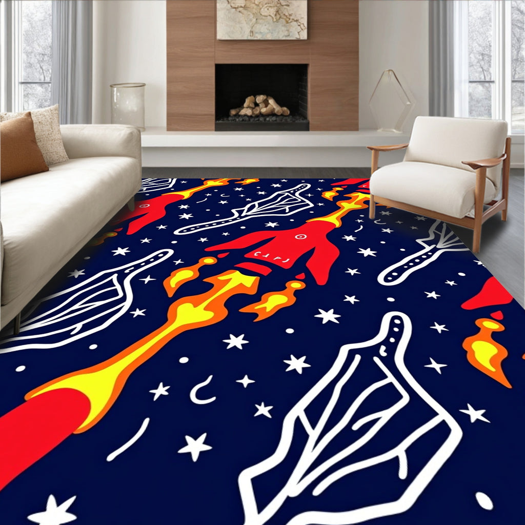 Space Rockets Stars Pattern Rug