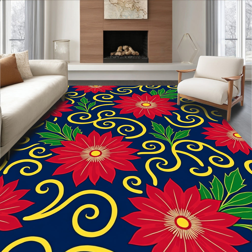 Crimson Floral Swirl Navy Background Rug