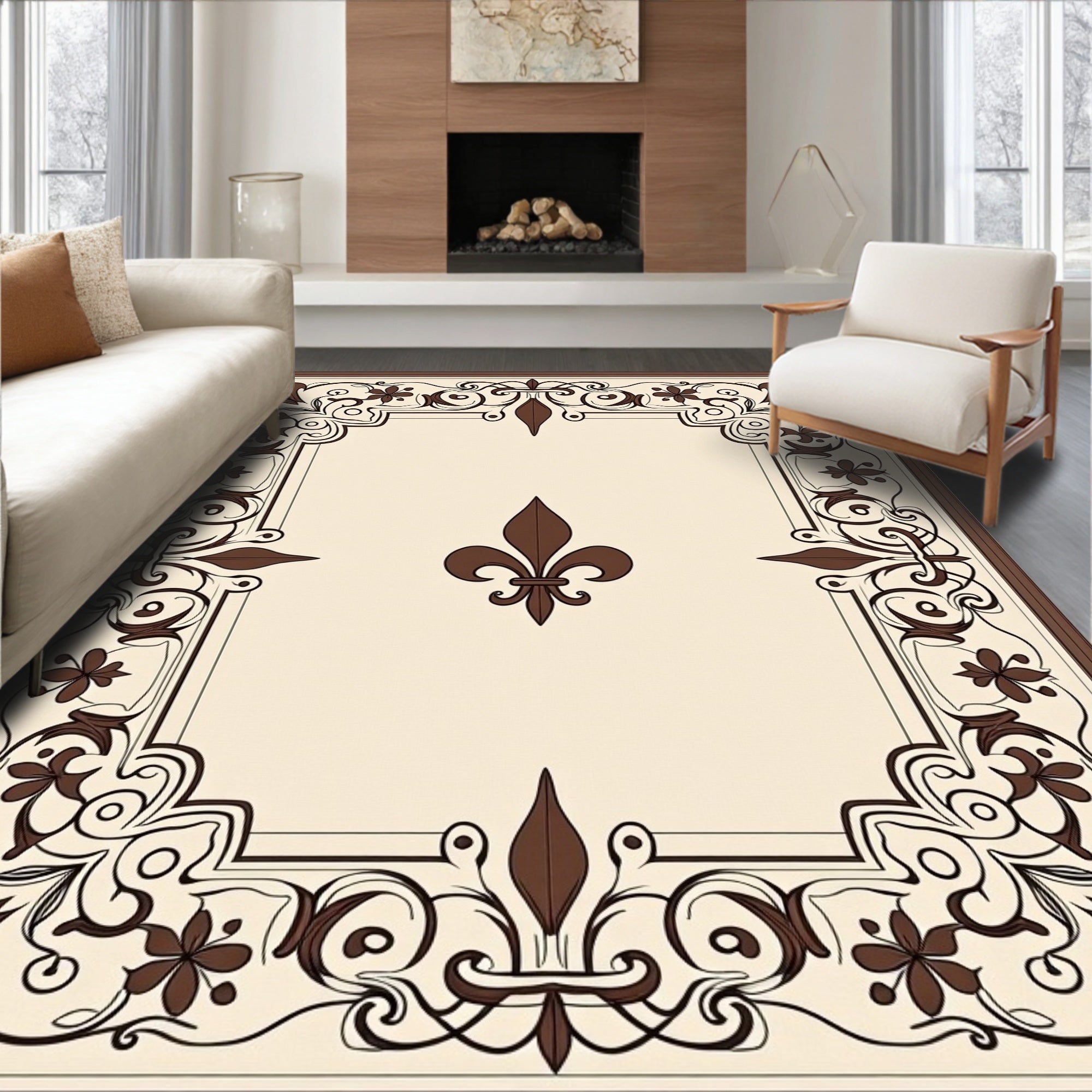 Classic Fleur-de-Lis Floral Pattern Rug